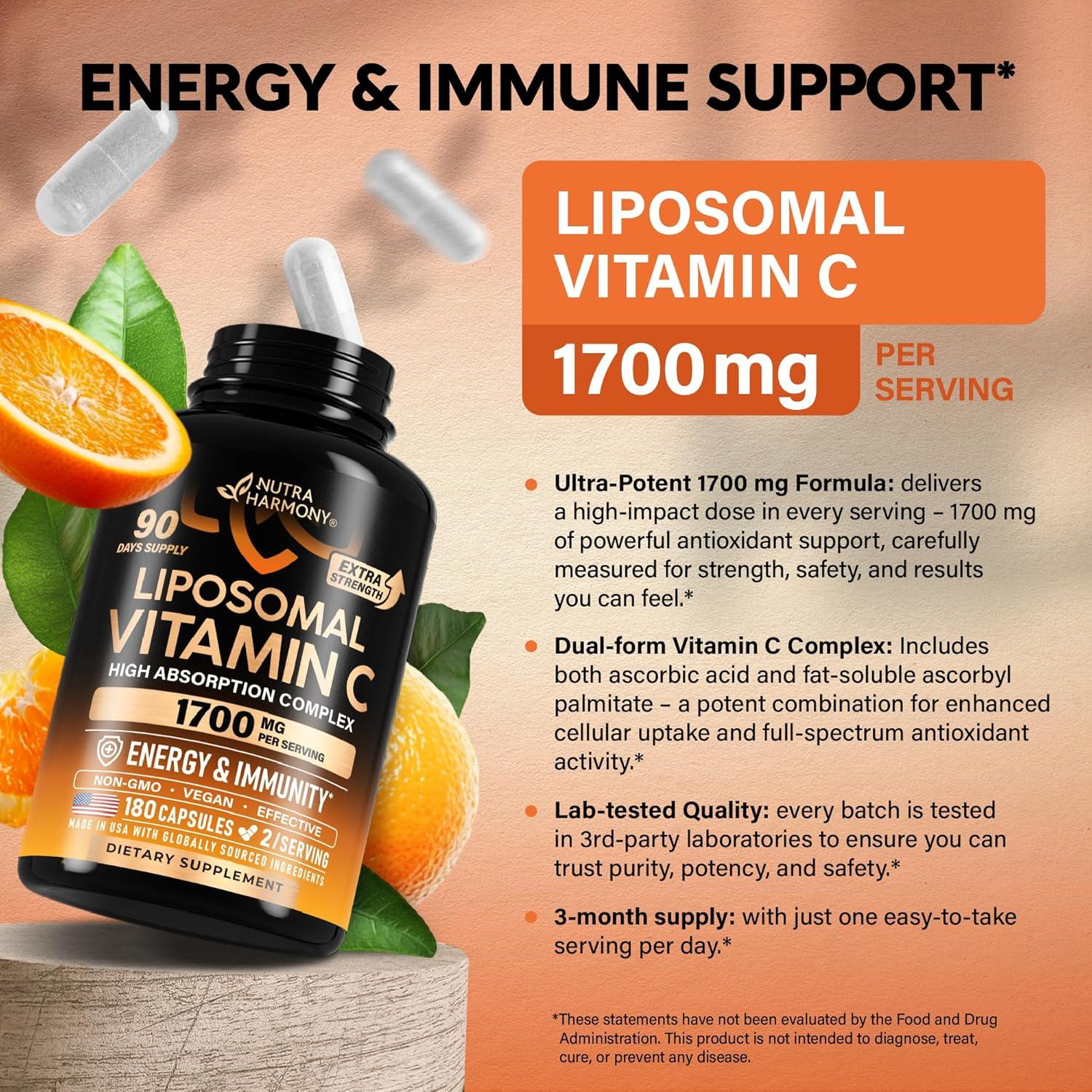 Vitamina C Liposomal 1700 mg Nutra Harmony - Antioxidante y Energía - 180 Cápsulas