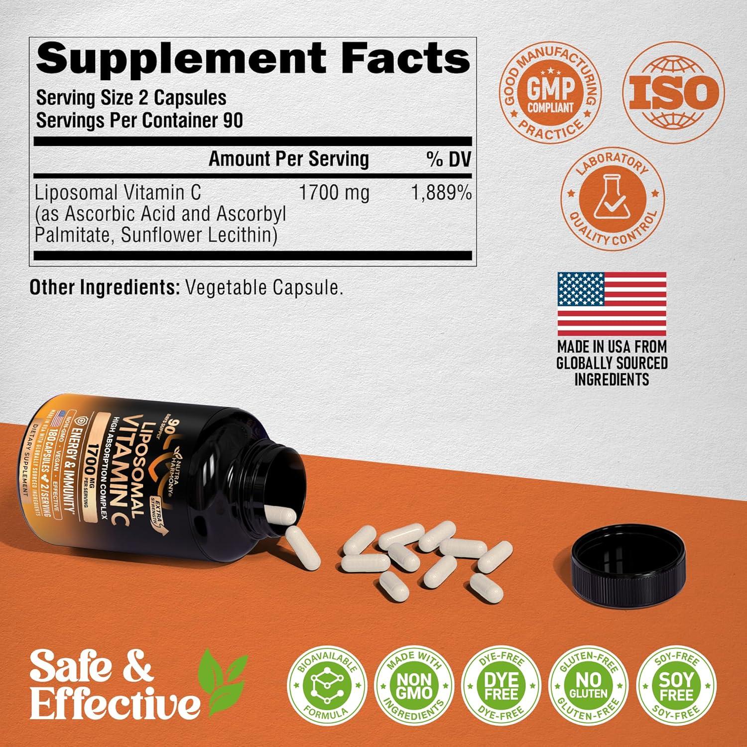 Vitamina C Liposomal 1700 mg Nutra Harmony - Antioxidante y Energía - 180 Cápsulas