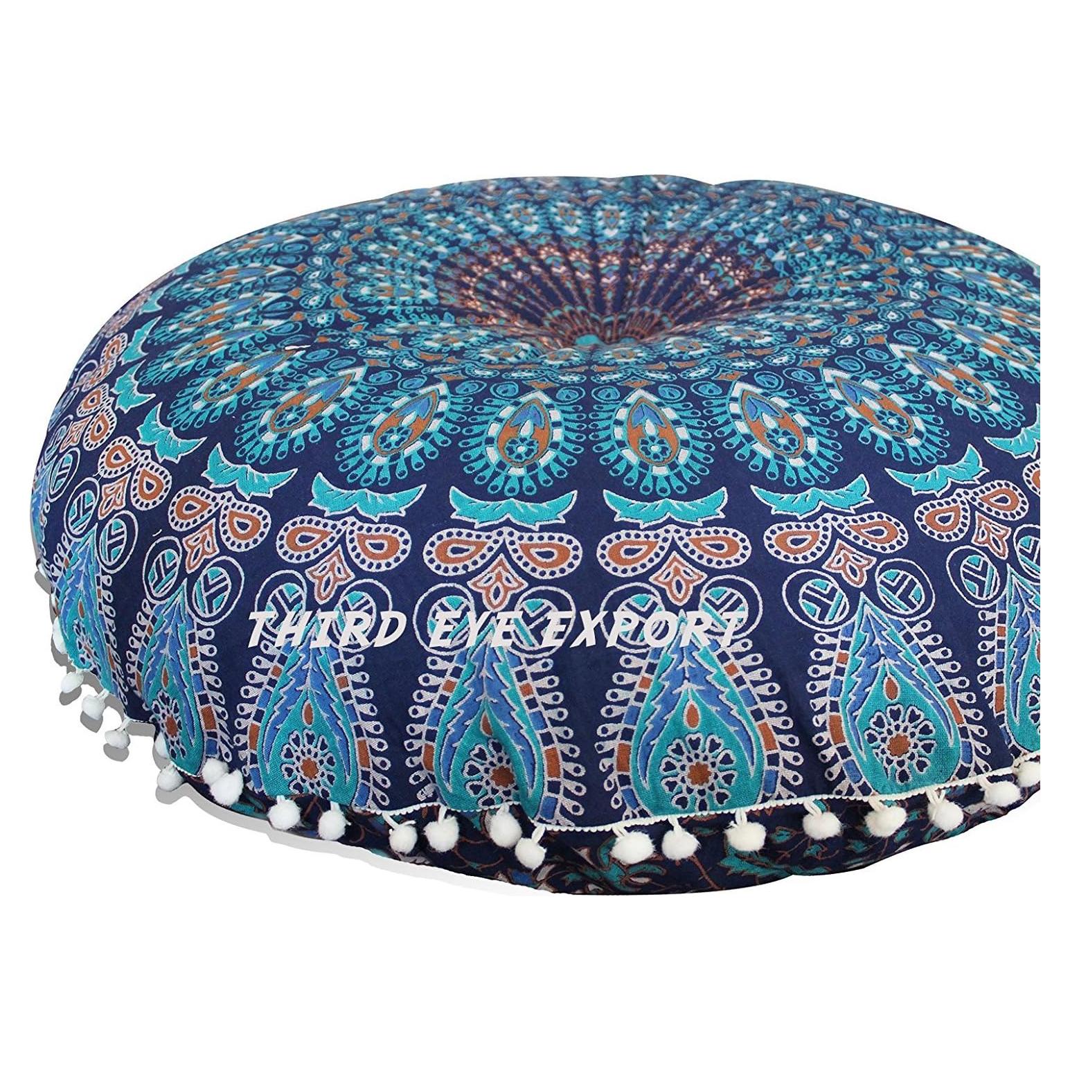 Funda de Cojín Redondo Bohemio 81 cm Mandala Azul Tercera Ojo