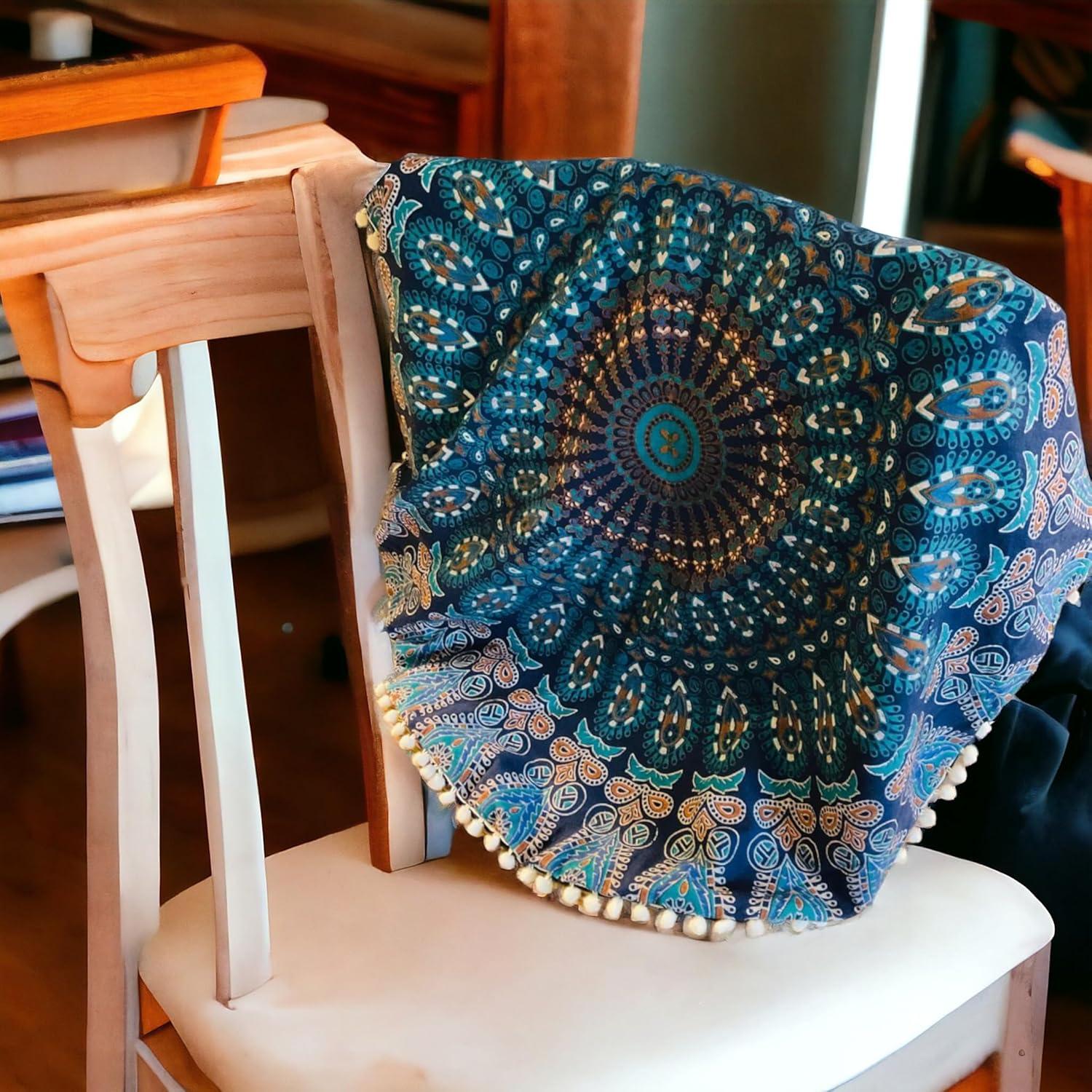 Funda de Cojín Redondo Bohemio 81 cm Mandala Azul Tercera Ojo