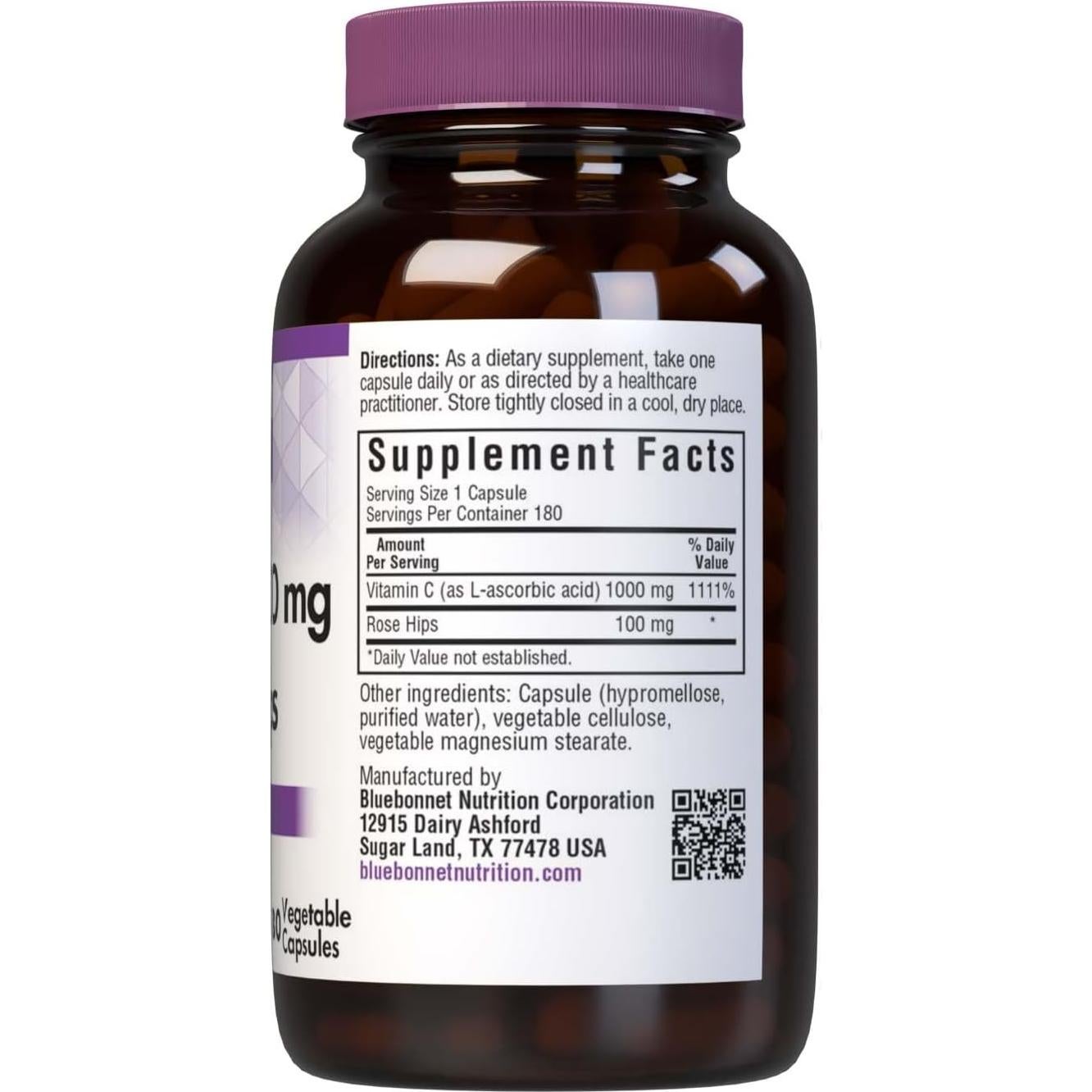 Vitamina C 1000 mg Bluebonnet con Rosa Mosqueta 180 Cápsulas