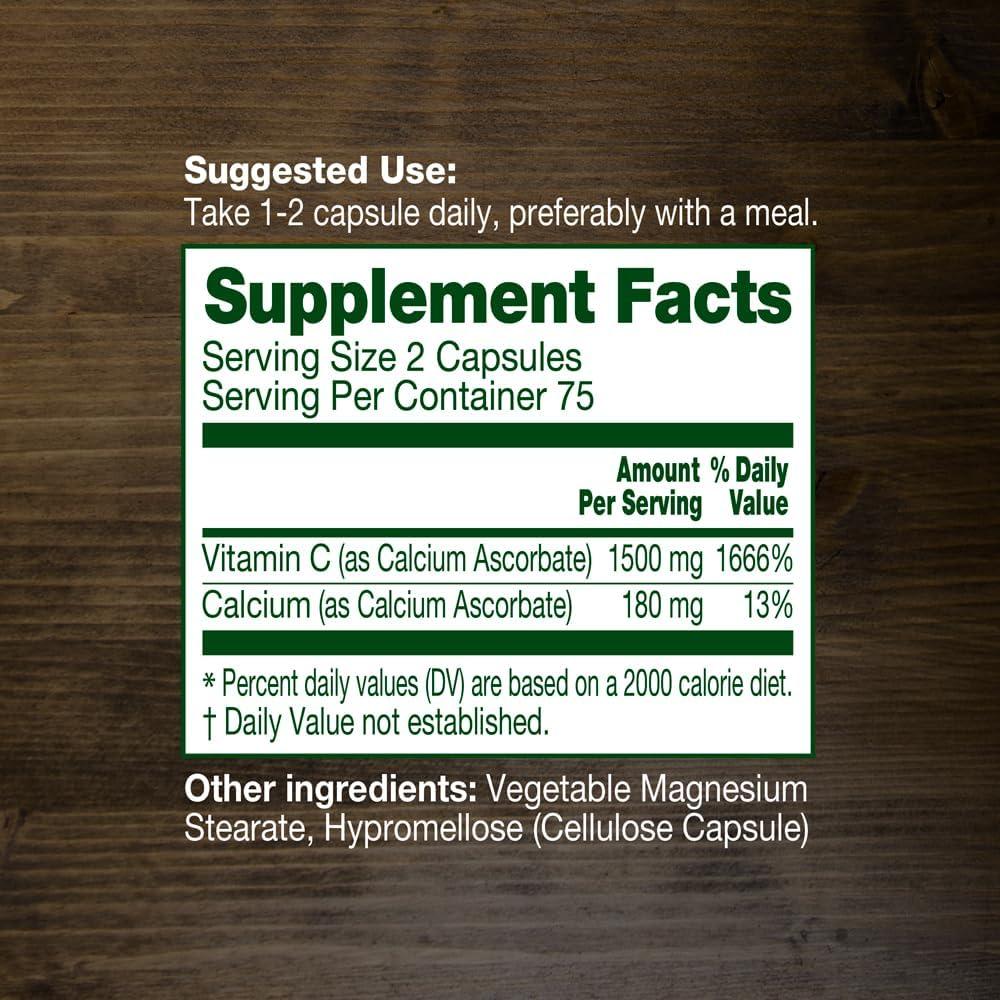 Vitamina C No Ácida 1500mg Ascorbato de Calcio 150 Cápsulas