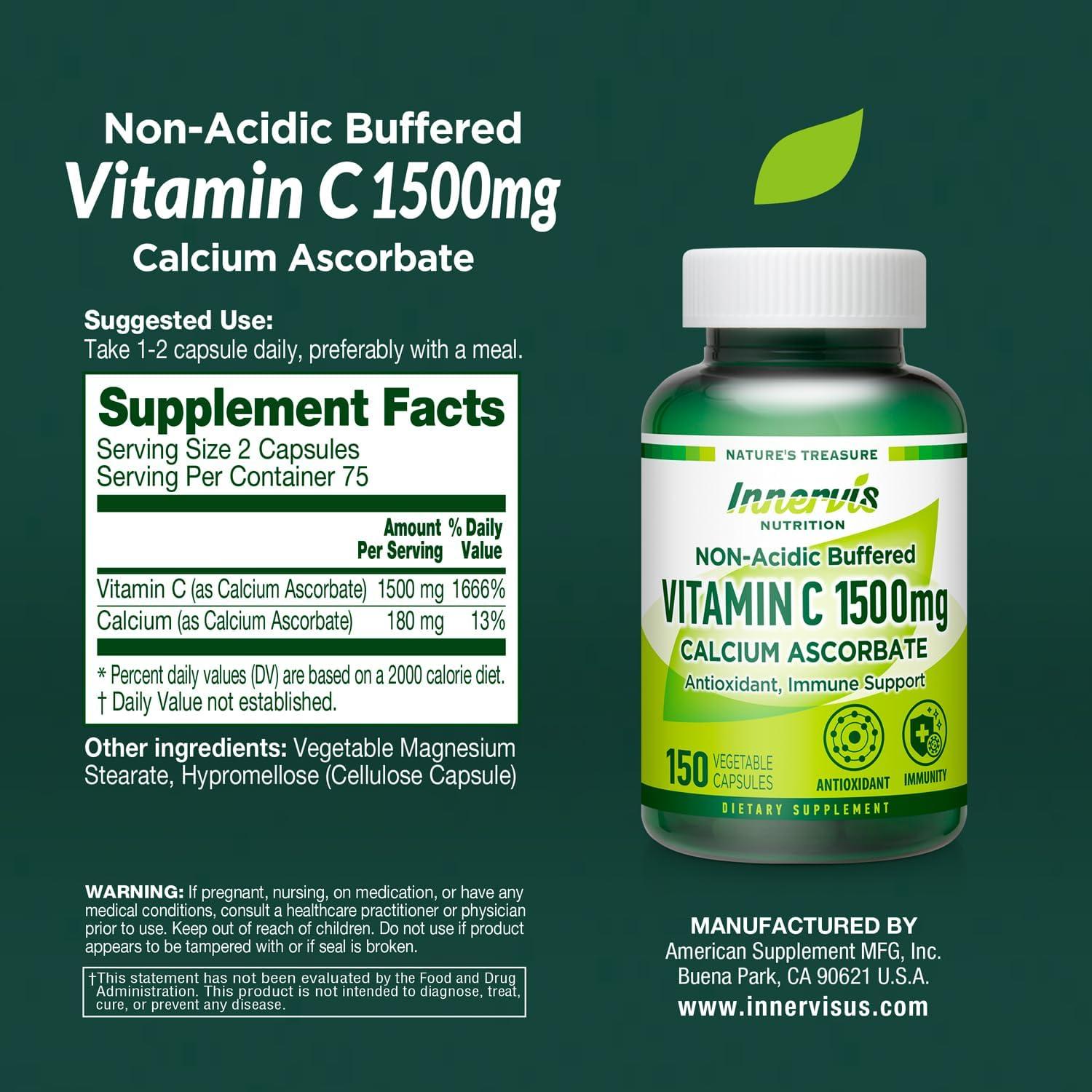 Vitamina C No Ácida 1500mg Ascorbato de Calcio 150 Cápsulas