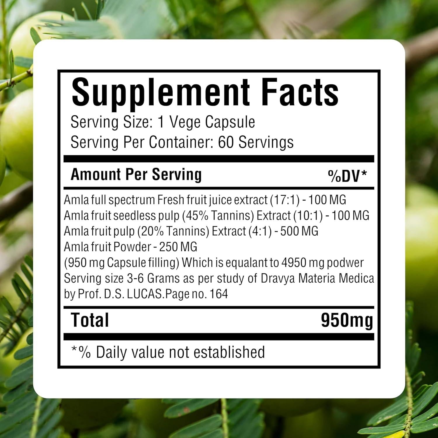 Cápsulas de Amla 950mg - Suplemento Herbal Vegano 60 Unidades