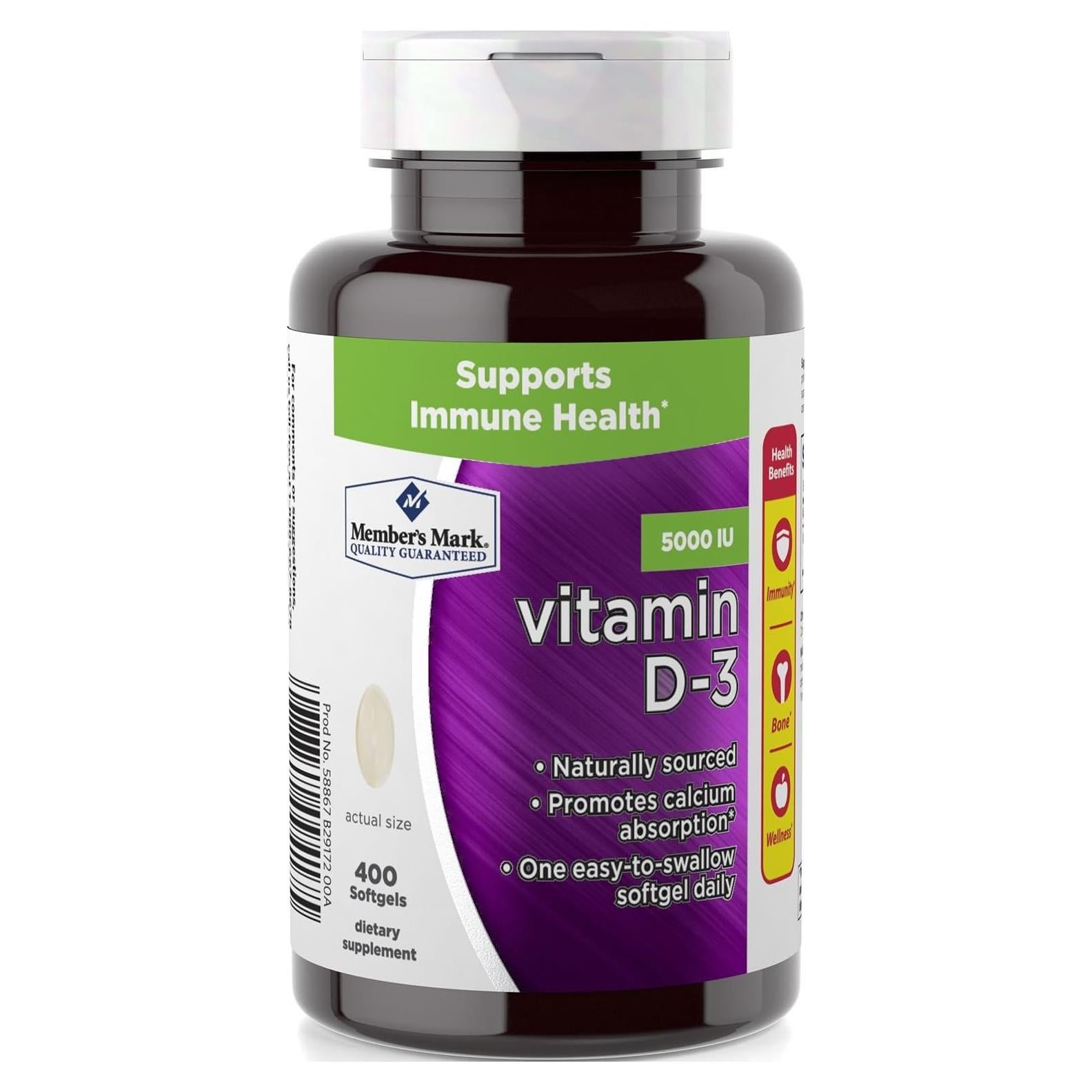 Suplemento de Vitamina D-3 5000 UI Member's Mark 400 Cápsulas