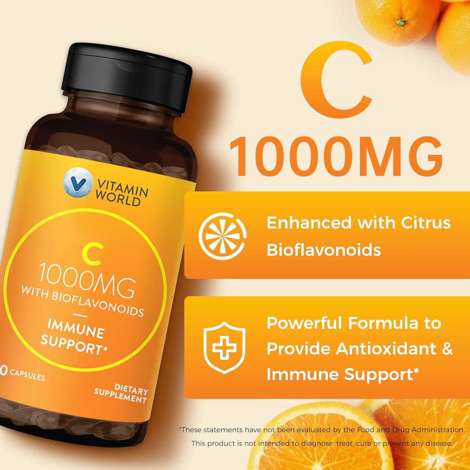 Vitamina C 1000 mg Vitamin World con Bioflavonoides - 100 Cápsulas