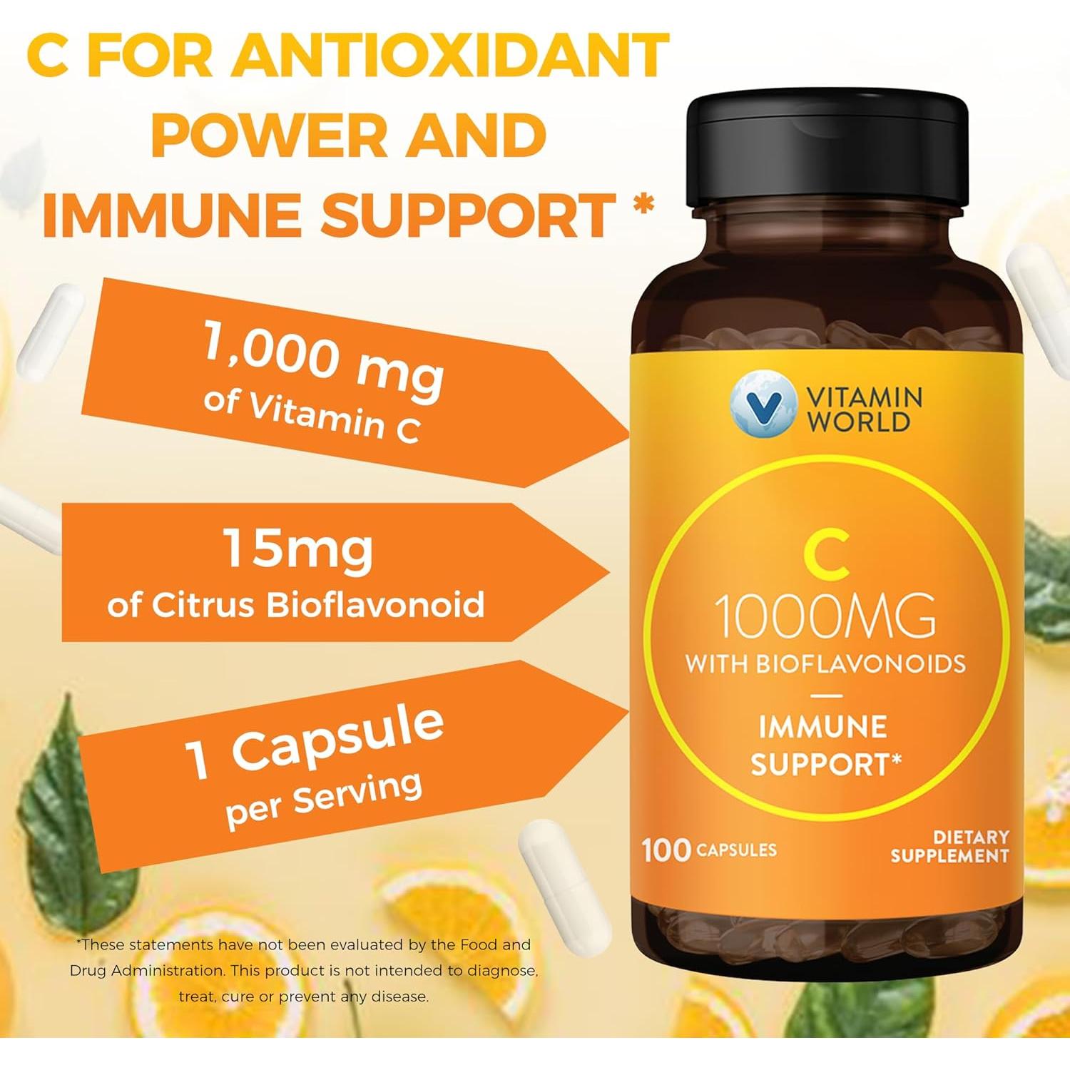 Vitamina C 1000 mg Vitamin World con Bioflavonoides - 100 Cápsulas