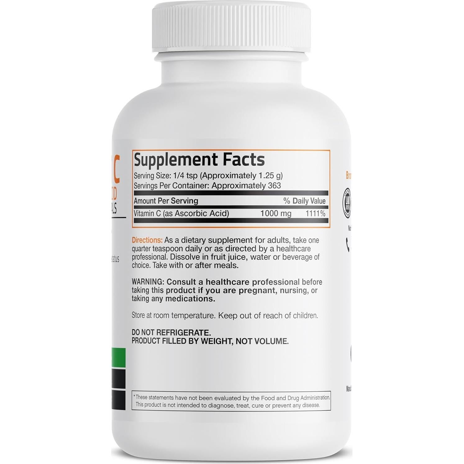 Polvo de Vitamina C Ácido Ascórbico Puro Bronson 453g