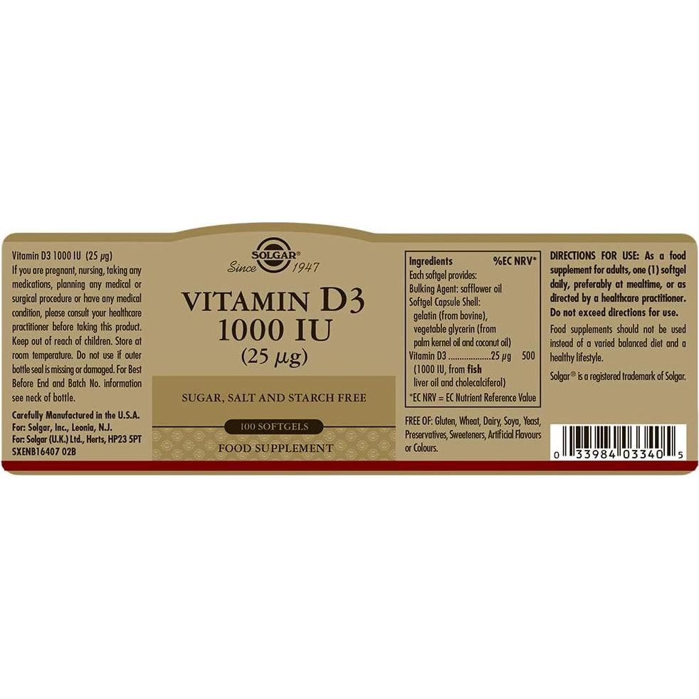 Solgar Vitamina D3 25 mcg (1000 UI) 100 Gelatinas Blandas - Soporte Huesos y Sistema Inmunológico