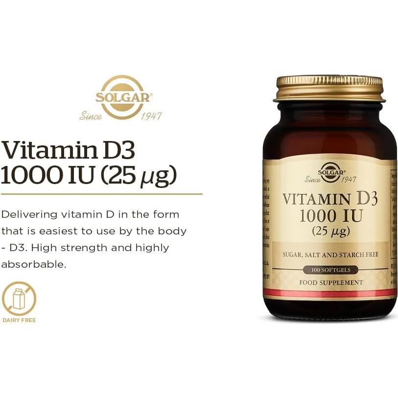 Solgar Vitamina D3 25 mcg (1000 UI) 100 Gelatinas Blandas - Soporte Huesos y Sistema Inmunológico