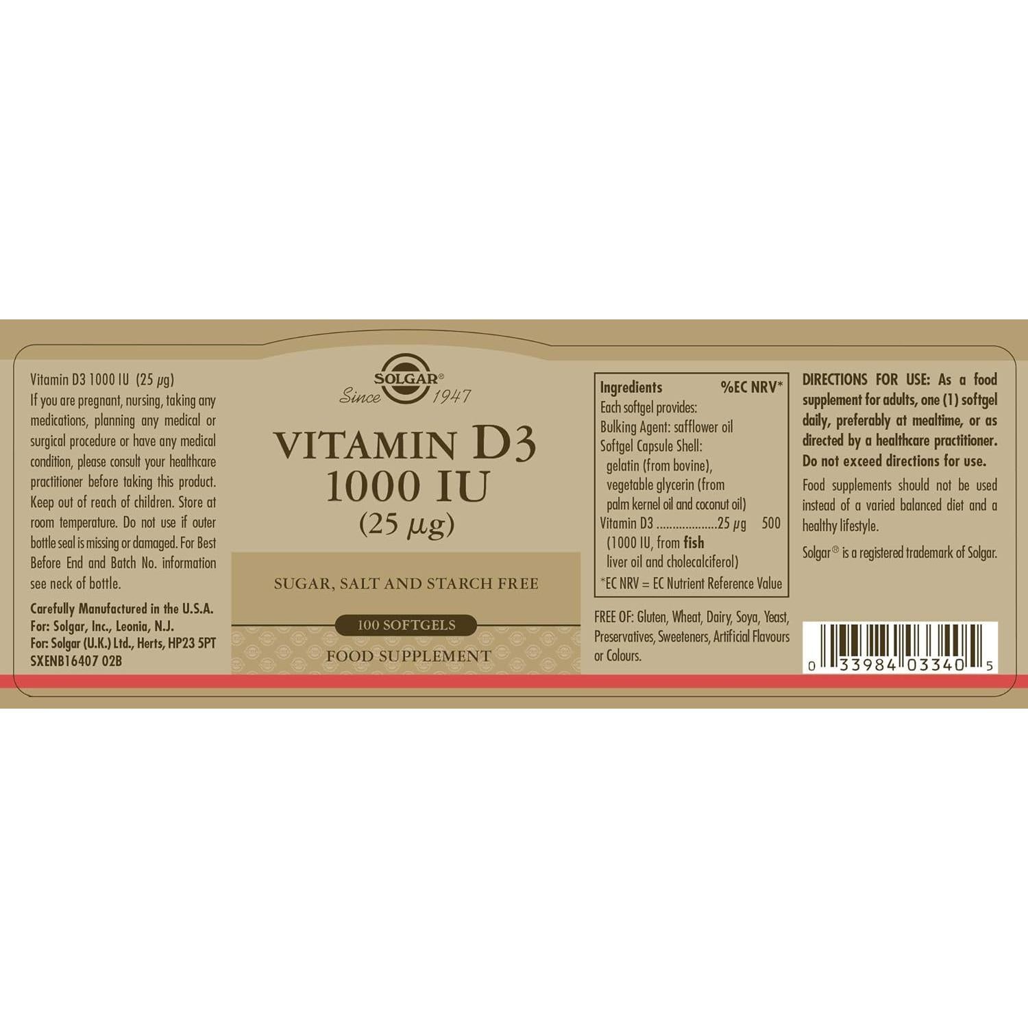Solgar Vitamina D3 25 mcg (1000 UI) 100 Gelatinas Blandas - Soporte Huesos y Sistema Inmunológico