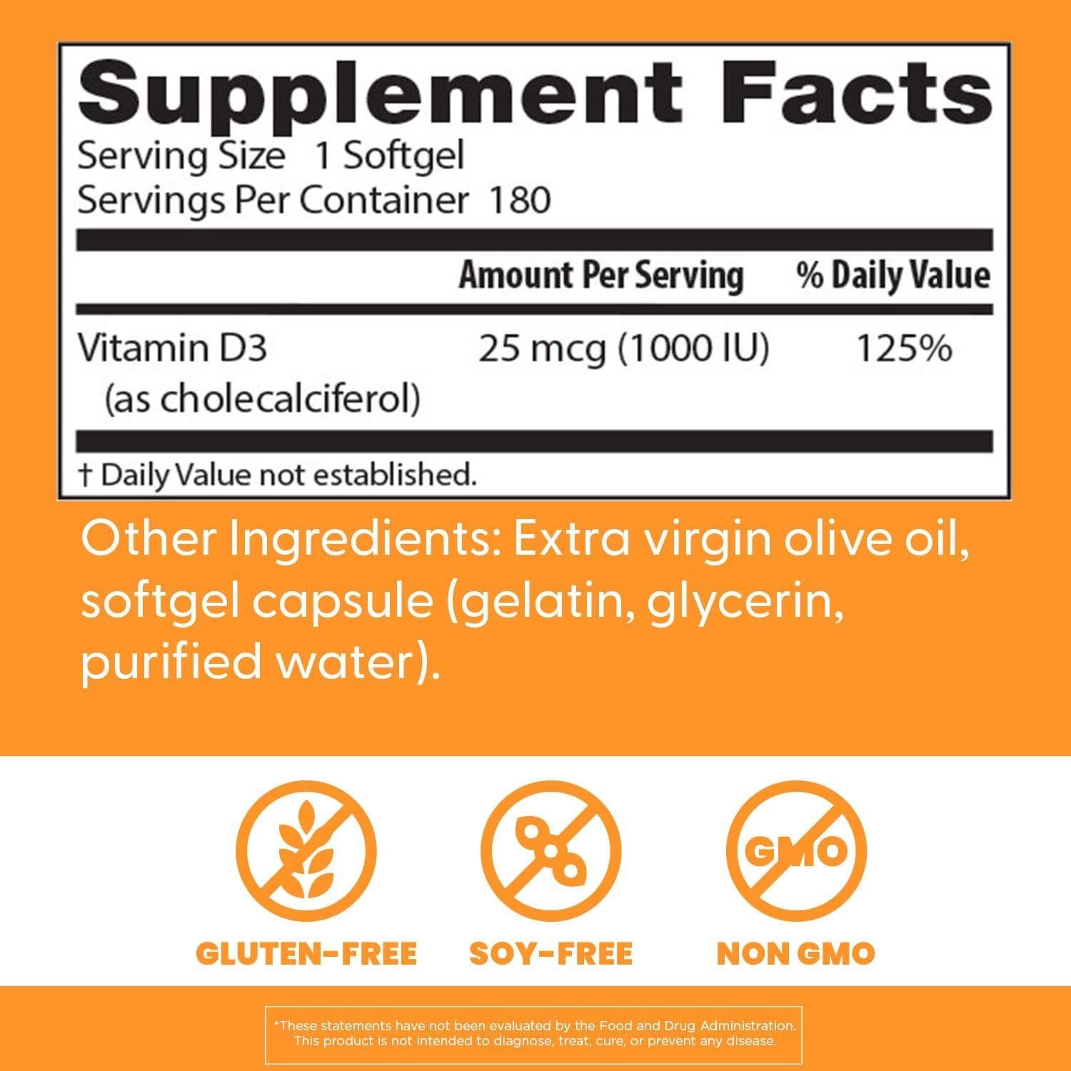 Vitaminas D3 Doctor's Best 1000 UI 180 Cápsulas Blandas