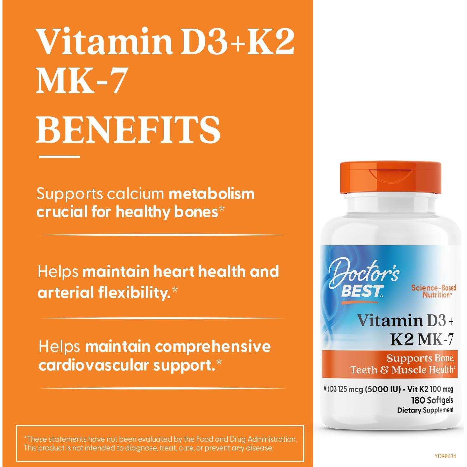 Vitamina D3 5000 UI + K2 MK-7 100 mcg Doctor's Best 180 Gelatinas