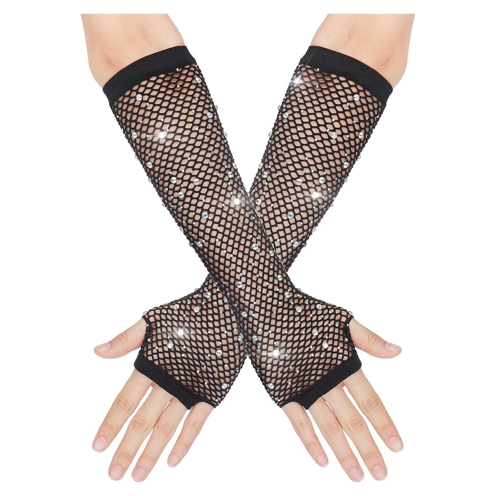 Guantes de Red Largos con Rhinestones para Mujeres - 23 cm
