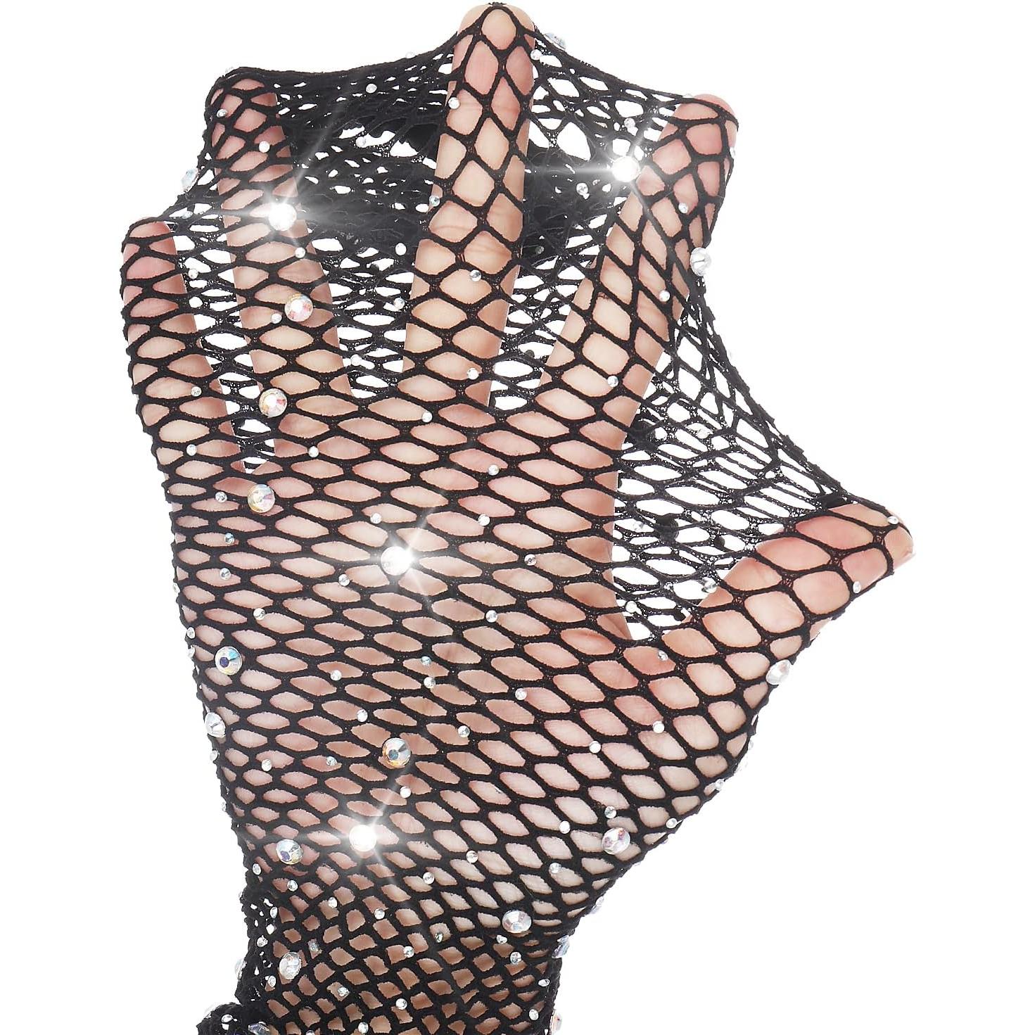 Guantes de Red Largos con Rhinestones para Mujeres - 23 cm