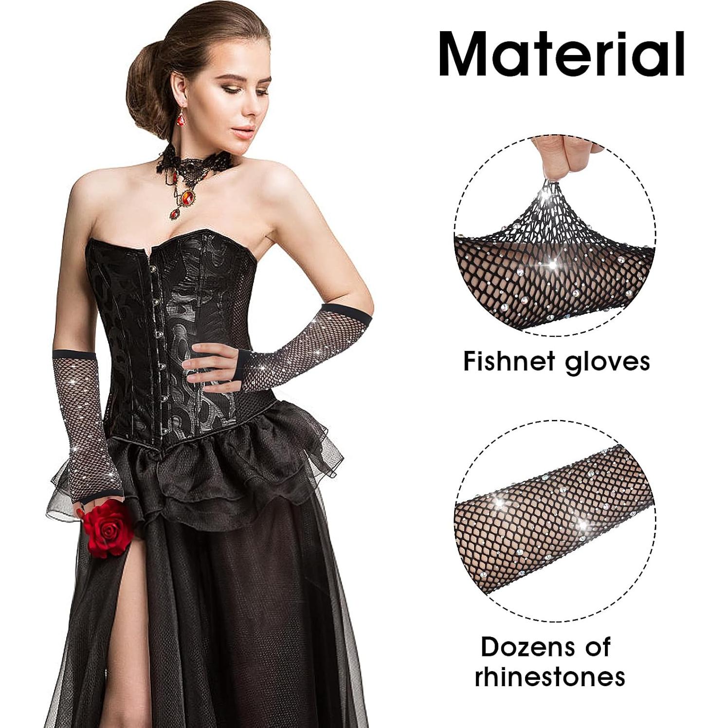 Guantes de Red Largos con Rhinestones para Mujeres - 23 cm