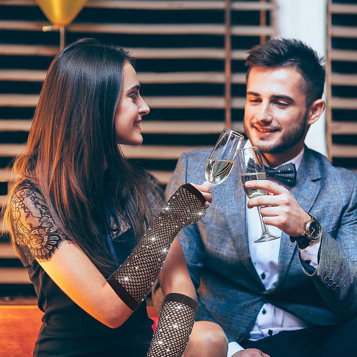 Guantes de Red Largos con Rhinestones para Mujeres - 23 cm