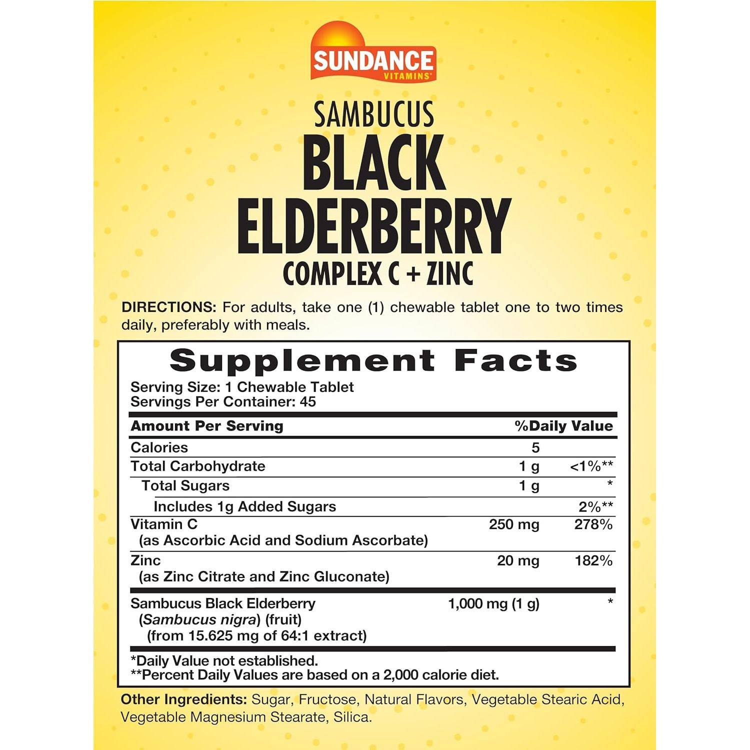 Suplemento Sambucus Black Elderberry Sundance 45 Tabletas Masticables