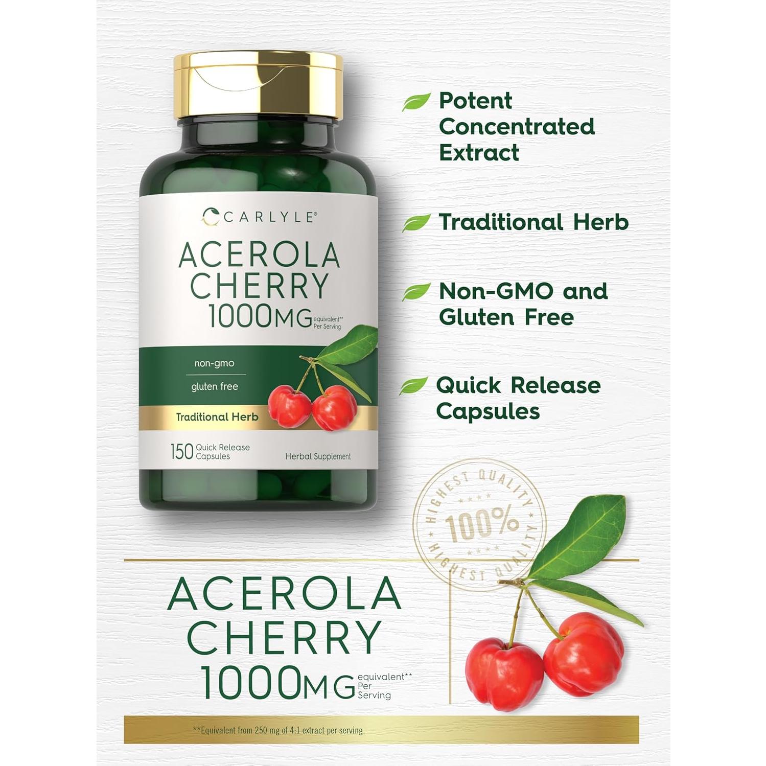 Cápsulas de Cereza Acerola Carlyle 1000mg 150 Conteo Sin OGM