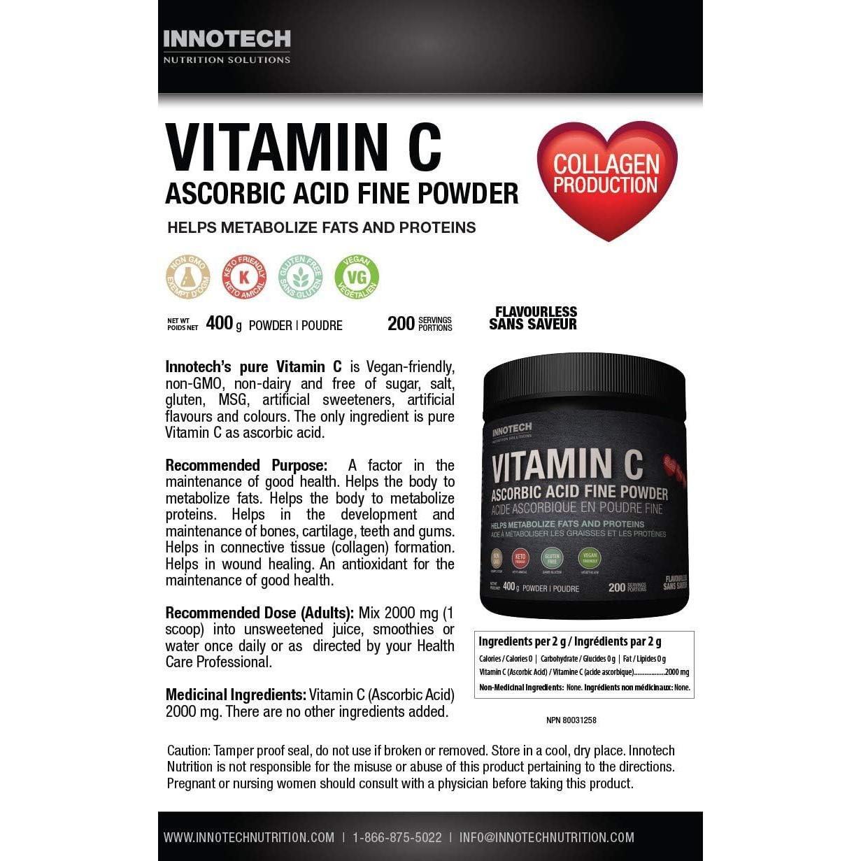 Vitamina C Pura Innotech Nutrition 400 g - Ácido Ascórbico