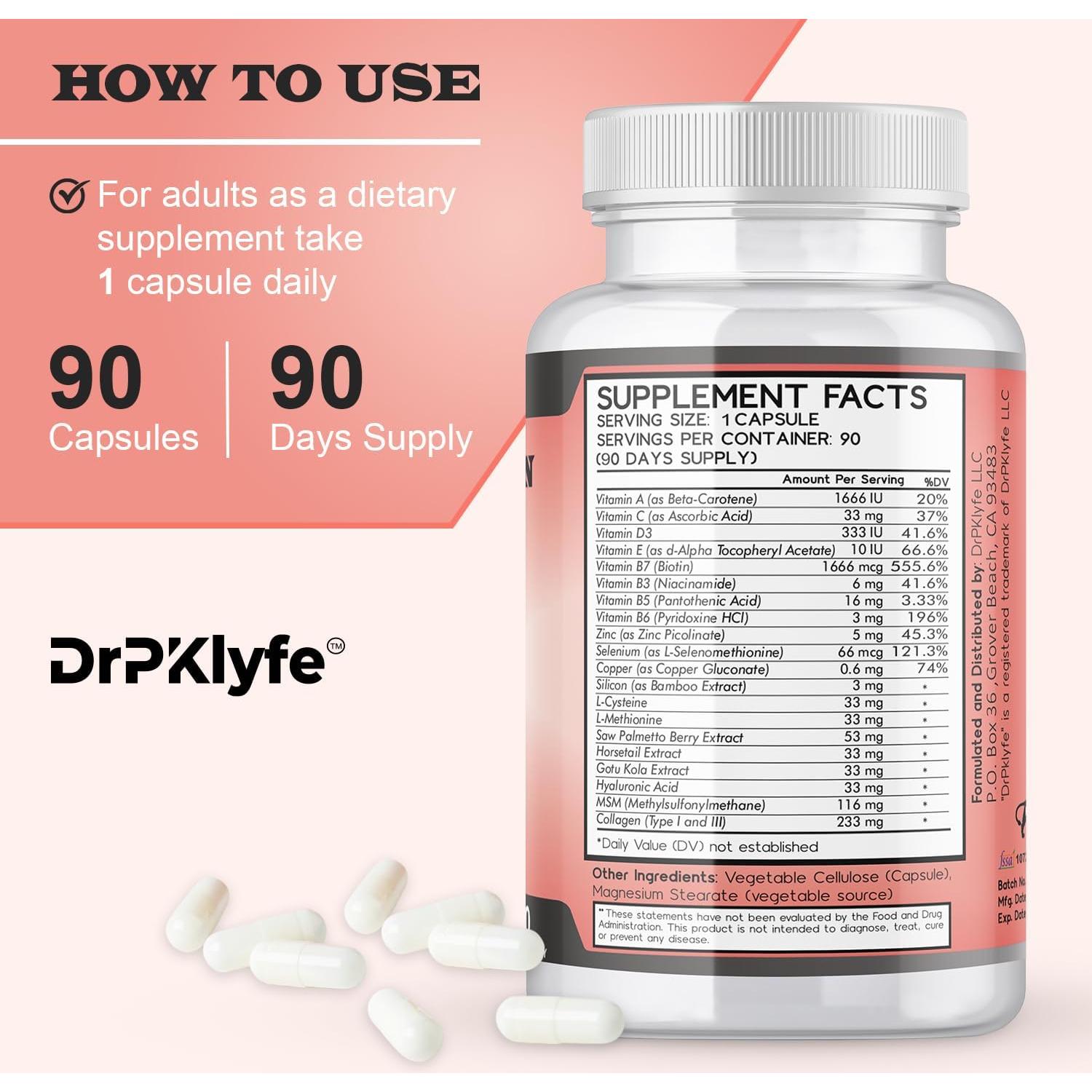 Suplemento para Cabello, Uñas y Piel DrPKlyfe - 90 Cápsulas