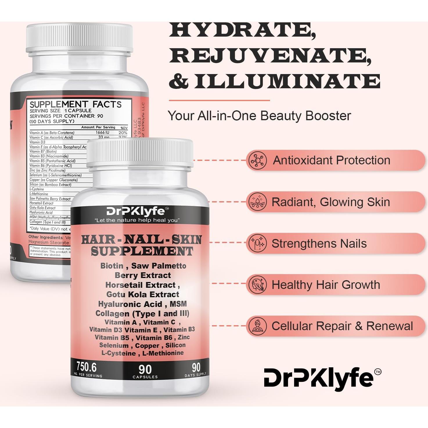 Suplemento para Cabello, Uñas y Piel DrPKlyfe - 90 Cápsulas