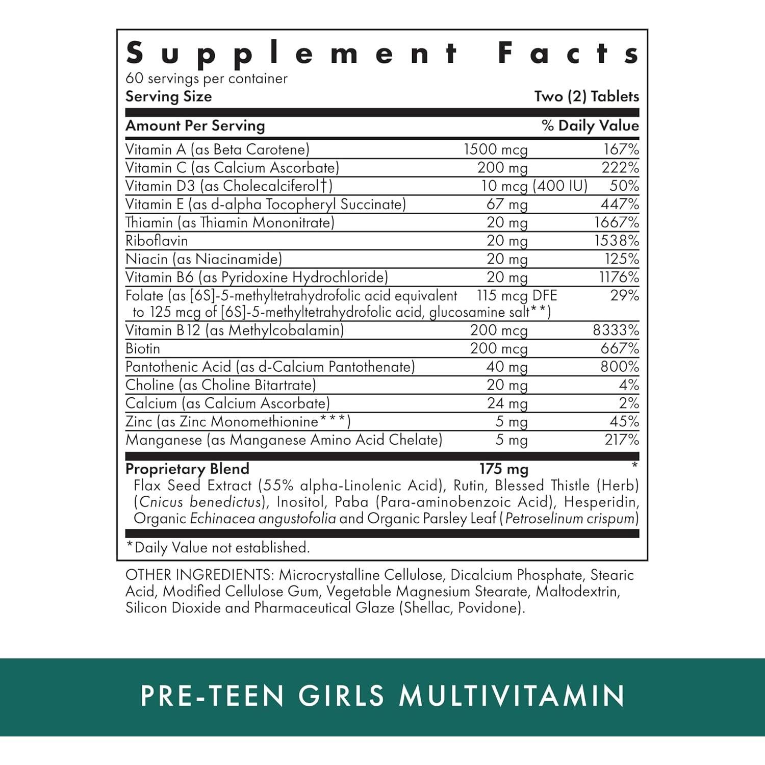 Multivitamínico diario para niñas pre-adolescentes Michael - 120 tabletas vegetarianas - Crecimiento y desarrollo saludable