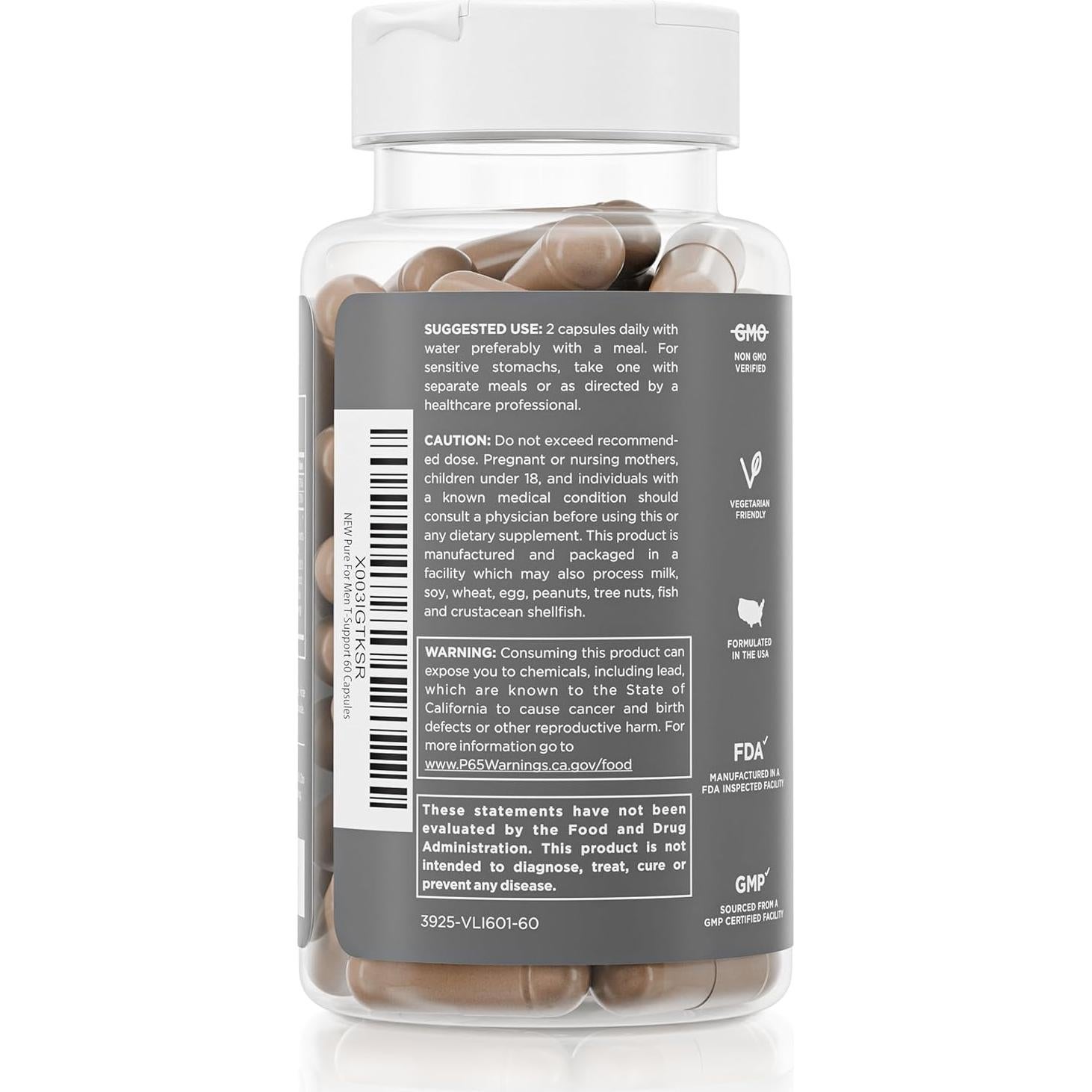 Suplemento T-Support Pure for Men | 60 Cápsulas Veganas con Maca y Vitamina D