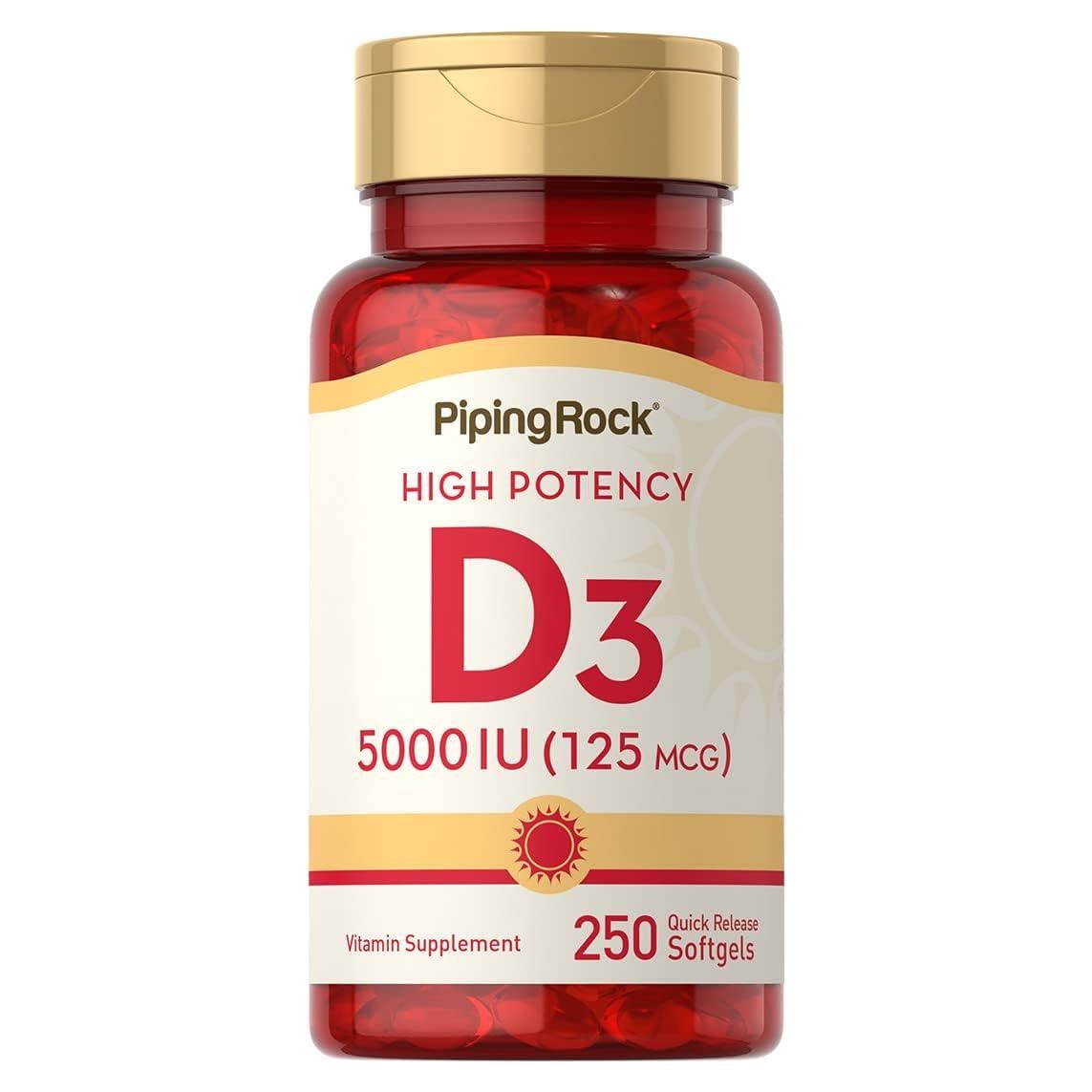 Vitamina D3 5000 UI Piping Rock 250 Gelatinas Blandas Sin Gluten
