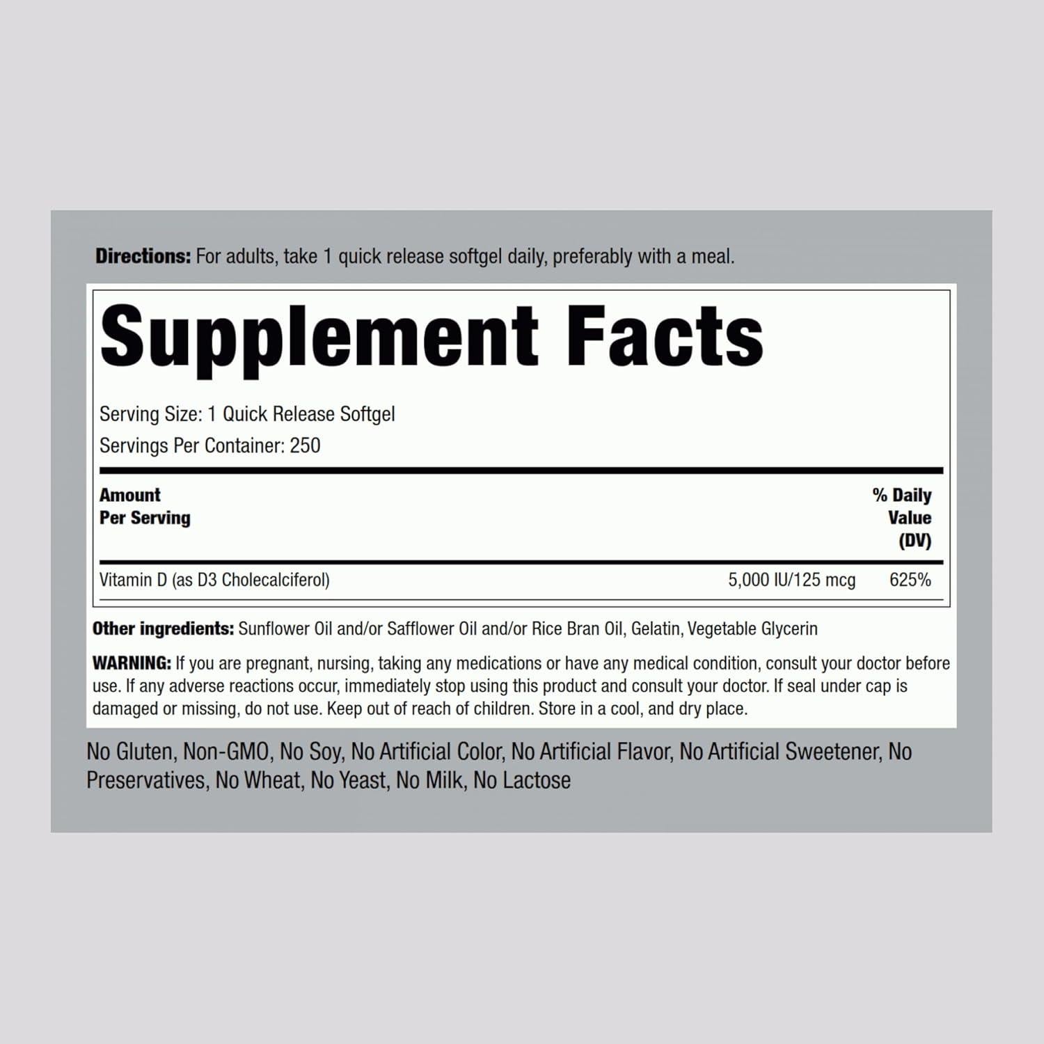 Vitamina D3 5000 UI Piping Rock 250 Gelatinas Blandas Sin Gluten