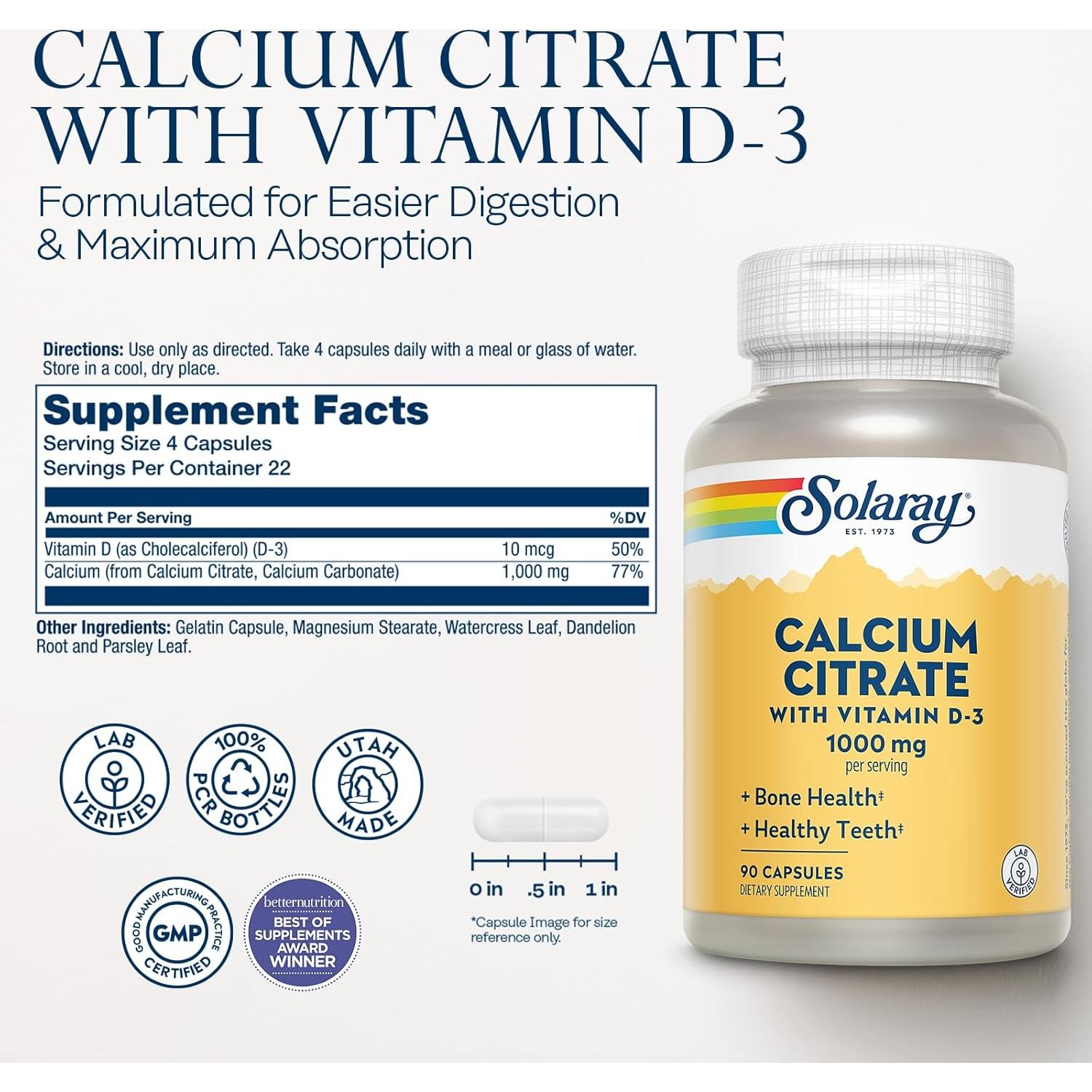 Citrato de Calcio Solaray 1000mg con Vitamina D3 90 Cápsulas