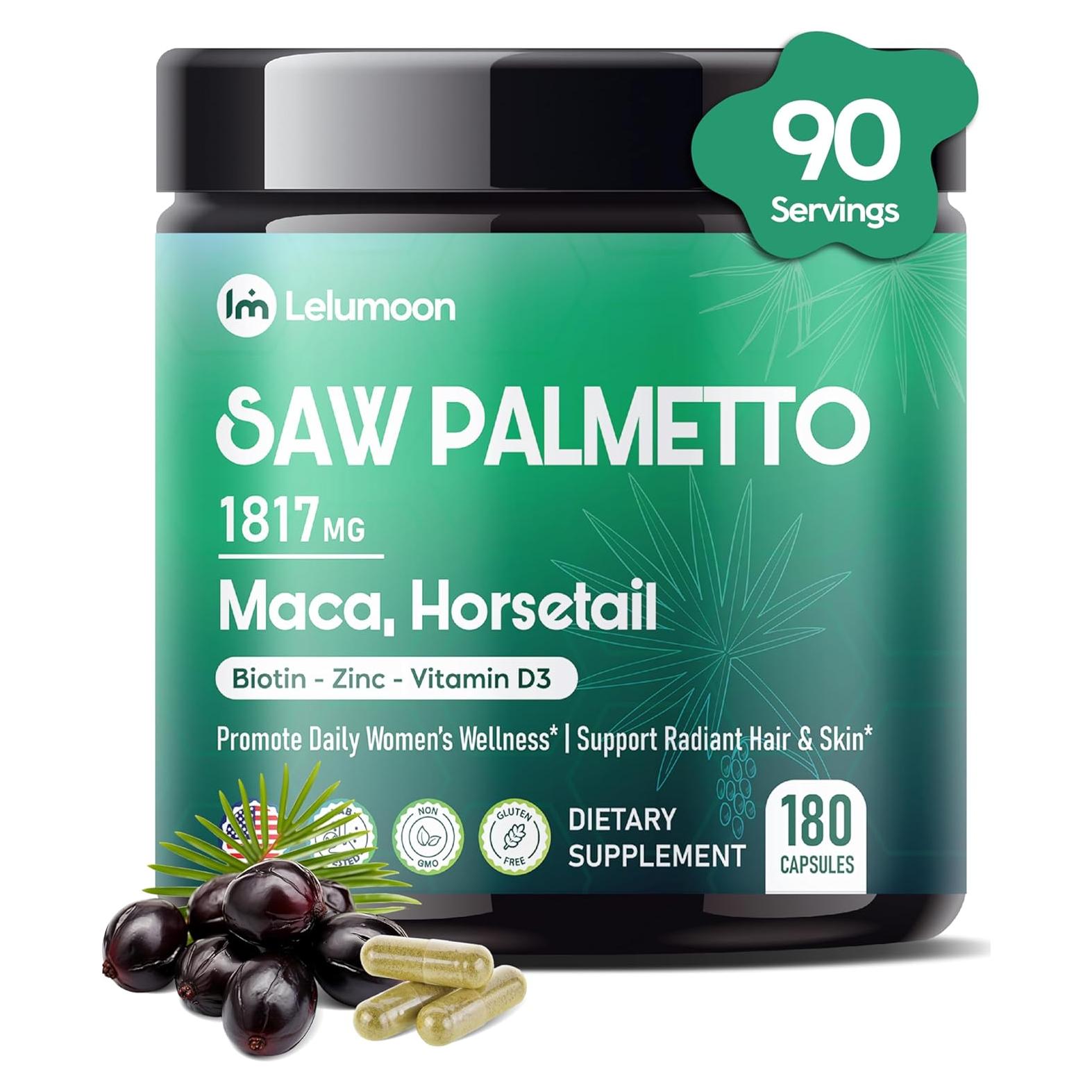Lelumoon Saw Palmetto 1817 mg con Maca y Biotina - 180 Cápsulas