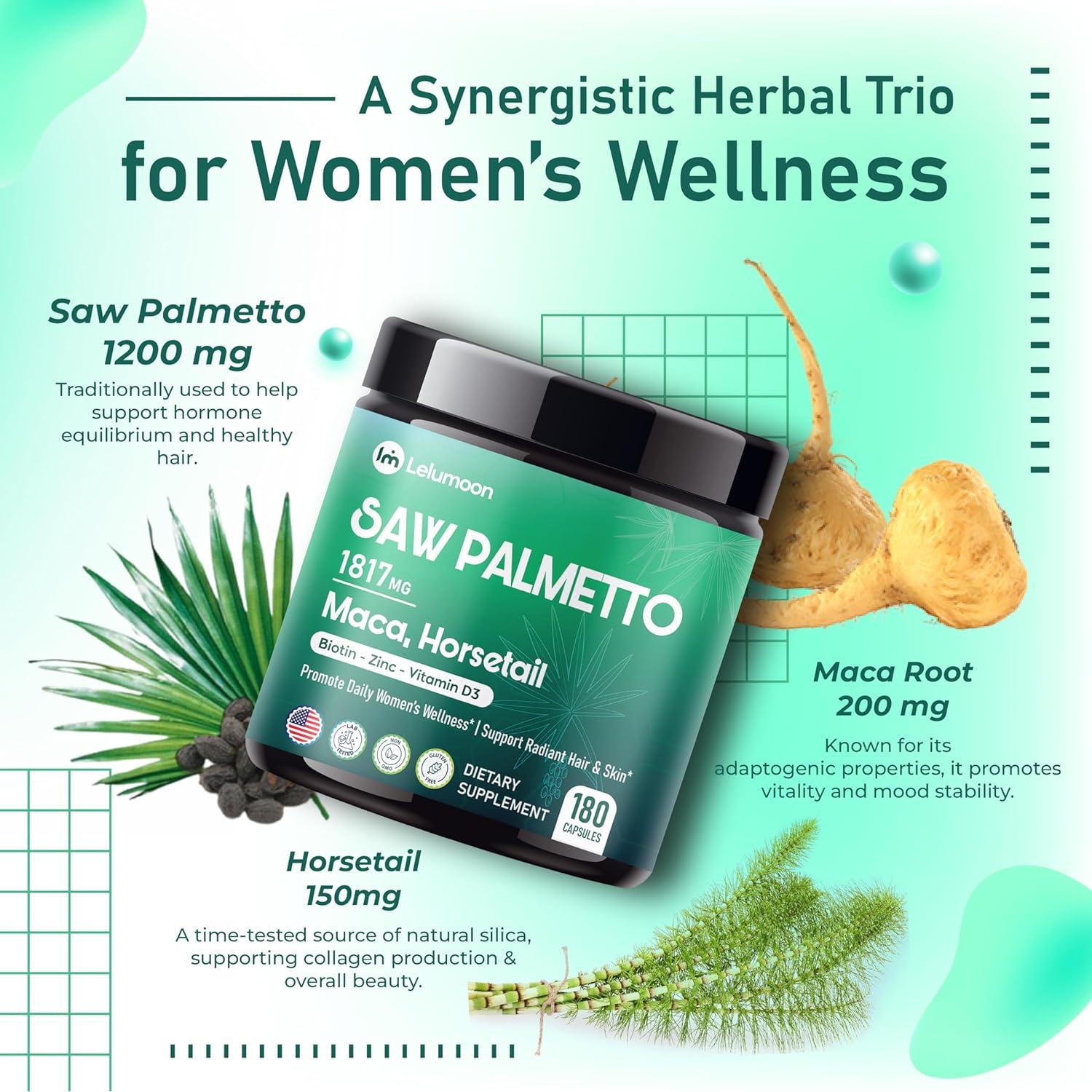 Lelumoon Saw Palmetto 1817 mg con Maca y Biotina - 180 Cápsulas