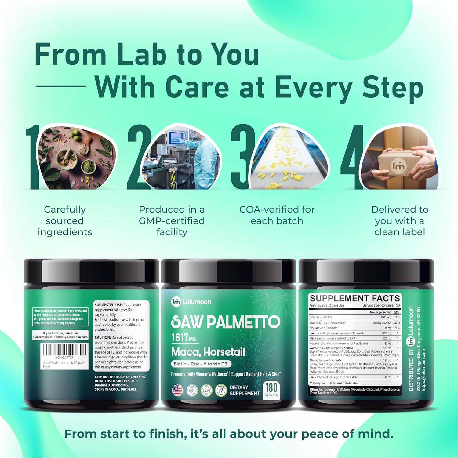 Lelumoon Saw Palmetto 1817 mg con Maca y Biotina - 180 Cápsulas