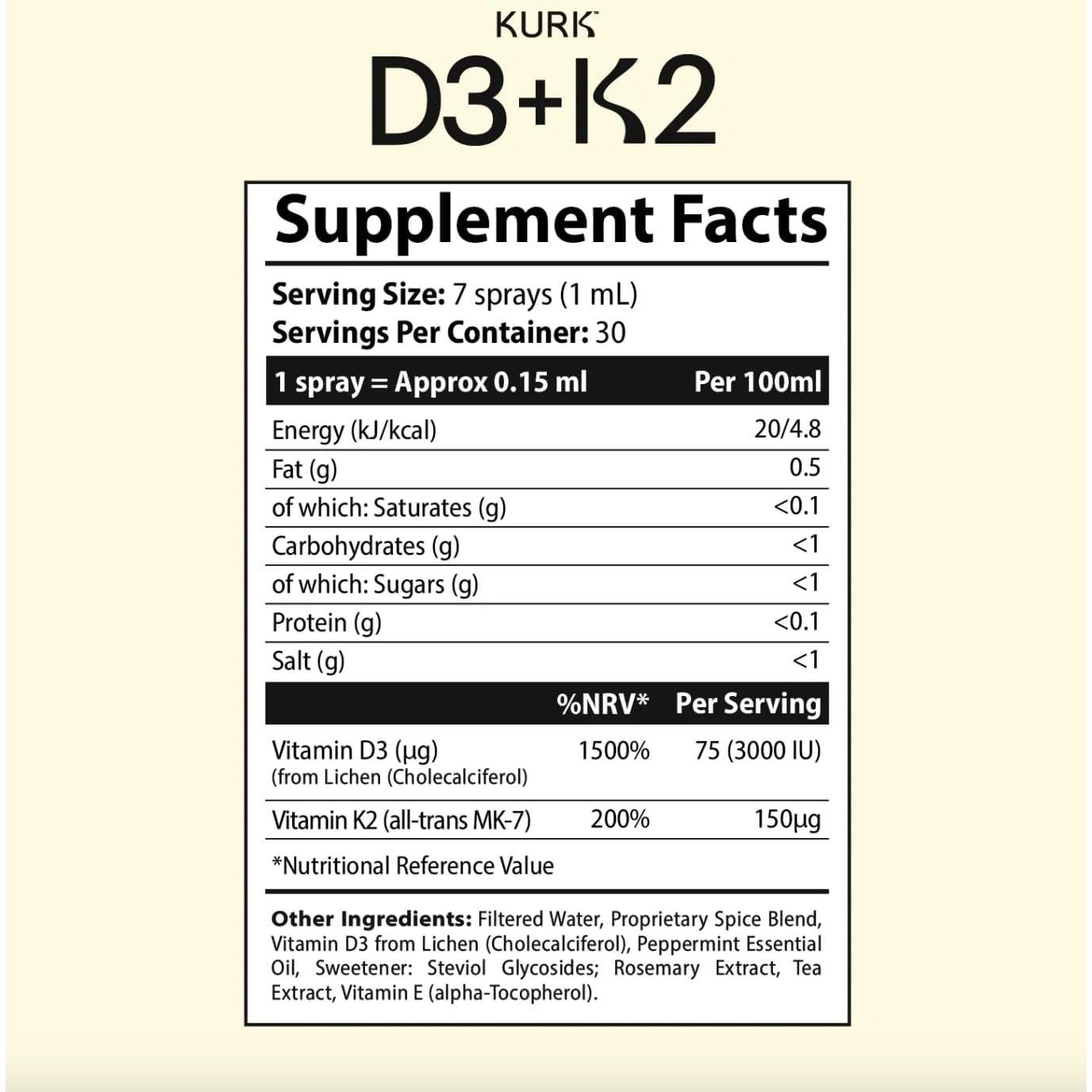 Spray Oral Vitamina D3 3000 UI y K2 150 µg Kurk - Menta 30ml