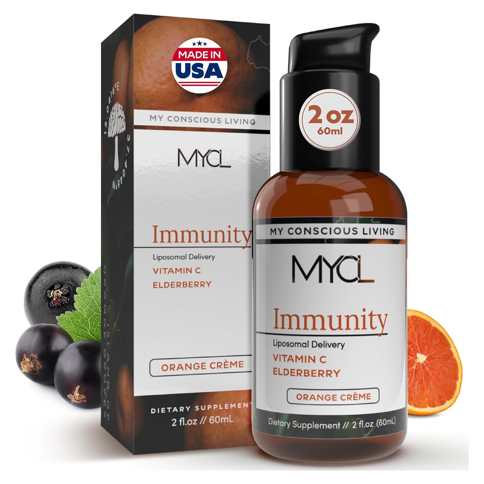 Liposomal Vitamin C Liquid with Elderberry, Echinacea, Zinc and Vitamin D - Immune and Antioxidant Support - Orange Crème Flavor - Made in USA - 30 Pump Servings