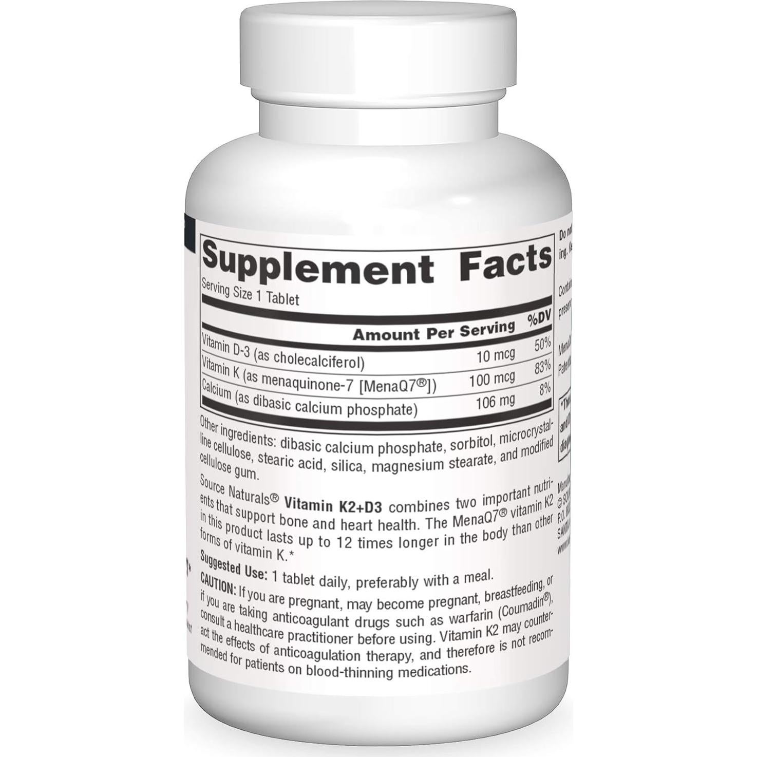 Source Naturals Vitamina K2 + D3 400 UI - 60 Tabletas Salud Ósea