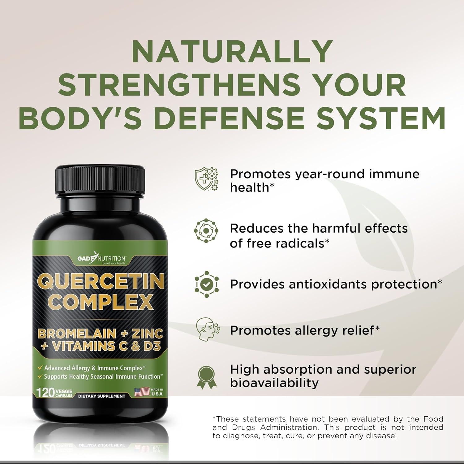 Gade Nutrition Quercetina Orgánica 500mg con Bromelina y Zinc