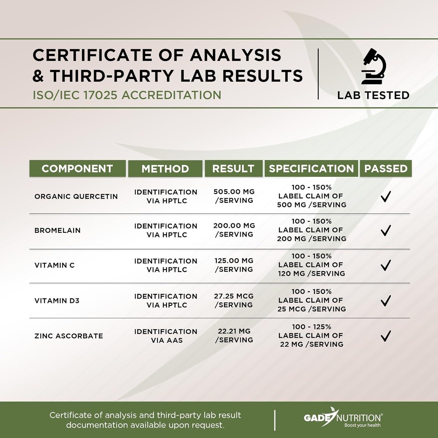 Gade Nutrition Quercetina Orgánica 500mg con Bromelina y Zinc
