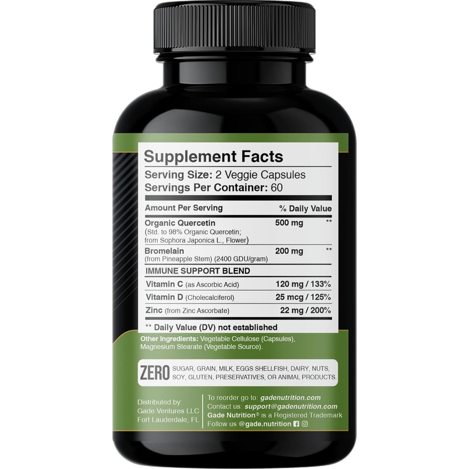 Gade Nutrition Quercetina Orgánica 500mg con Bromelina y Zinc