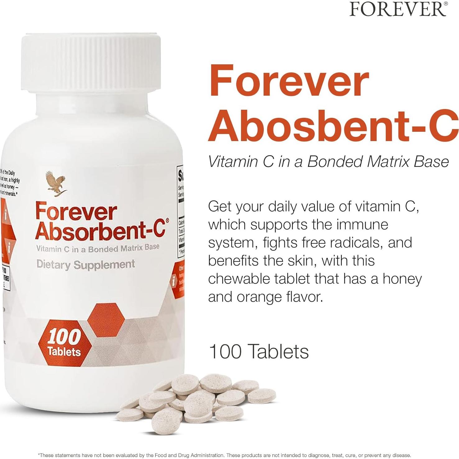Forever Living - Absorbent-C, Orange and Honey Flavor, Vitamin C Supplement with Oat Bran, Immune Support, Skin Health, 1 Bottle (100 Tablets)