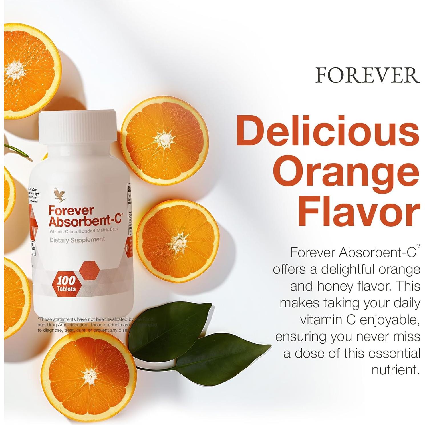 Forever Living - Absorbent-C, Orange and Honey Flavor, Vitamin C Supplement with Oat Bran, Immune Support, Skin Health, 1 Bottle (100 Tablets)