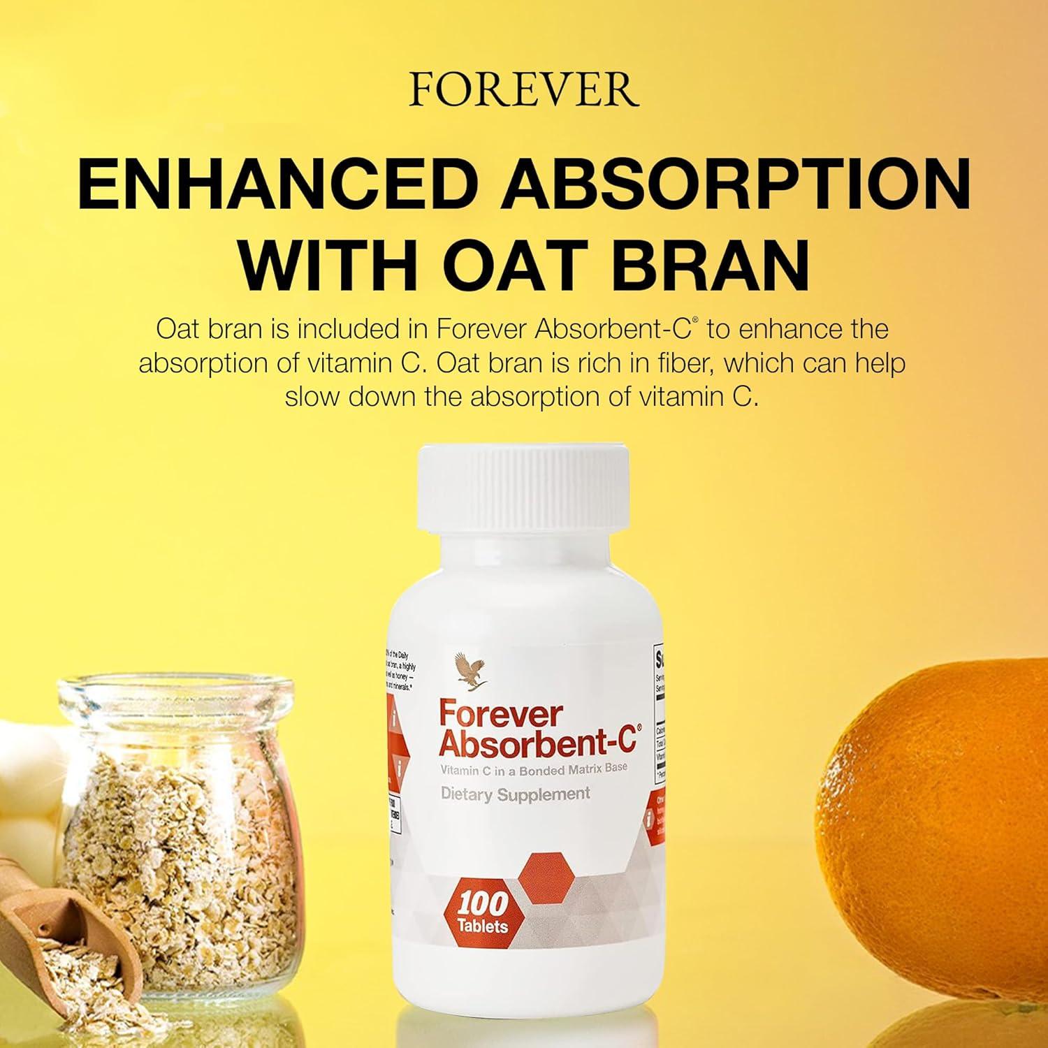Forever Living - Absorbent-C, Orange and Honey Flavor, Vitamin C Supplement with Oat Bran, Immune Support, Skin Health, 1 Bottle (100 Tablets)