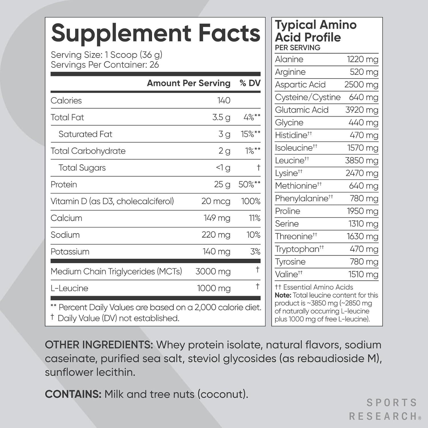 Proteína de Suero Sports Research 0.95kg Vainilla 25g/porción