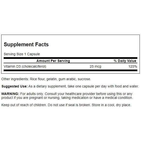 Vitamina D-3 1000 IU Swanson 30 Cápsulas - Salud Ósea e Inmunológica