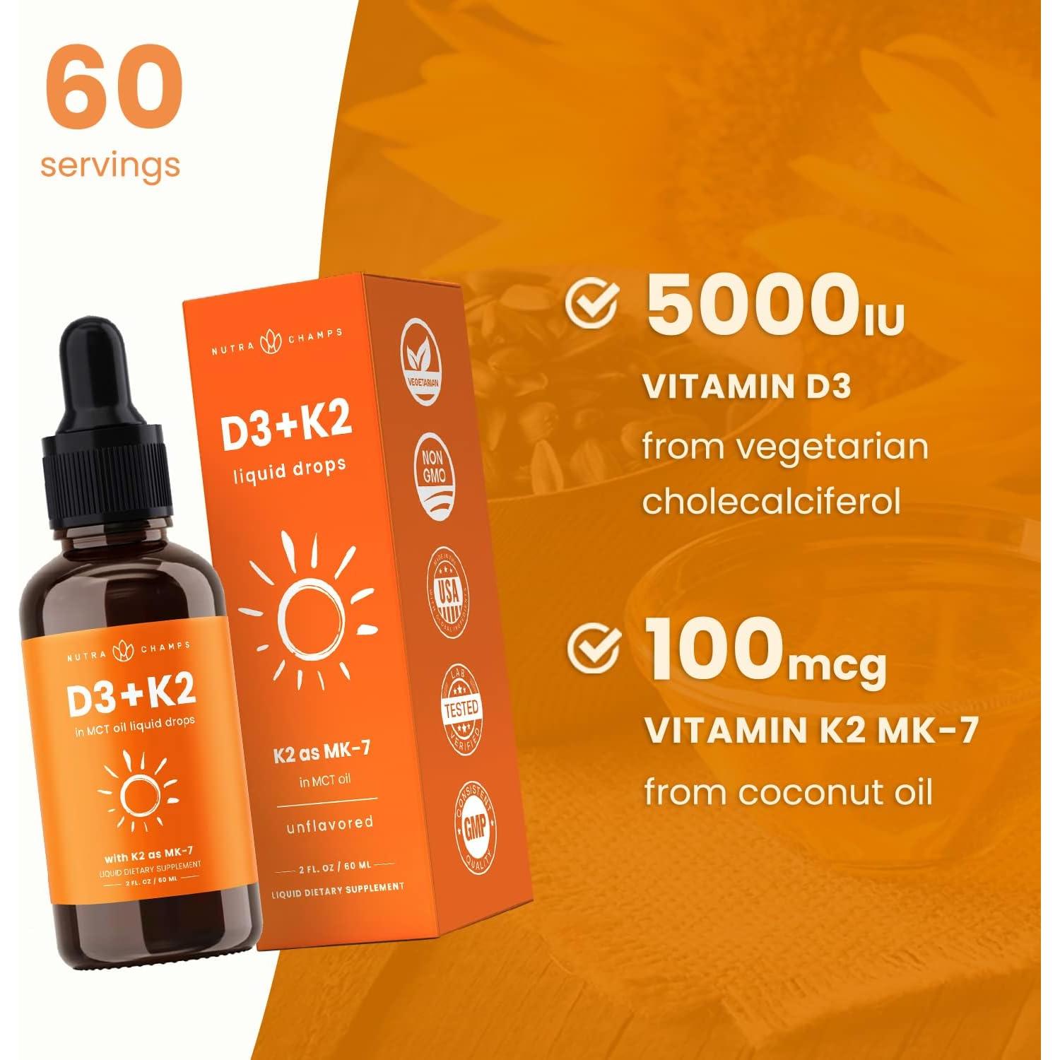 Gotas de Vitamina D3 K2 NutraChamps 5000 UI para Niños y Adultos