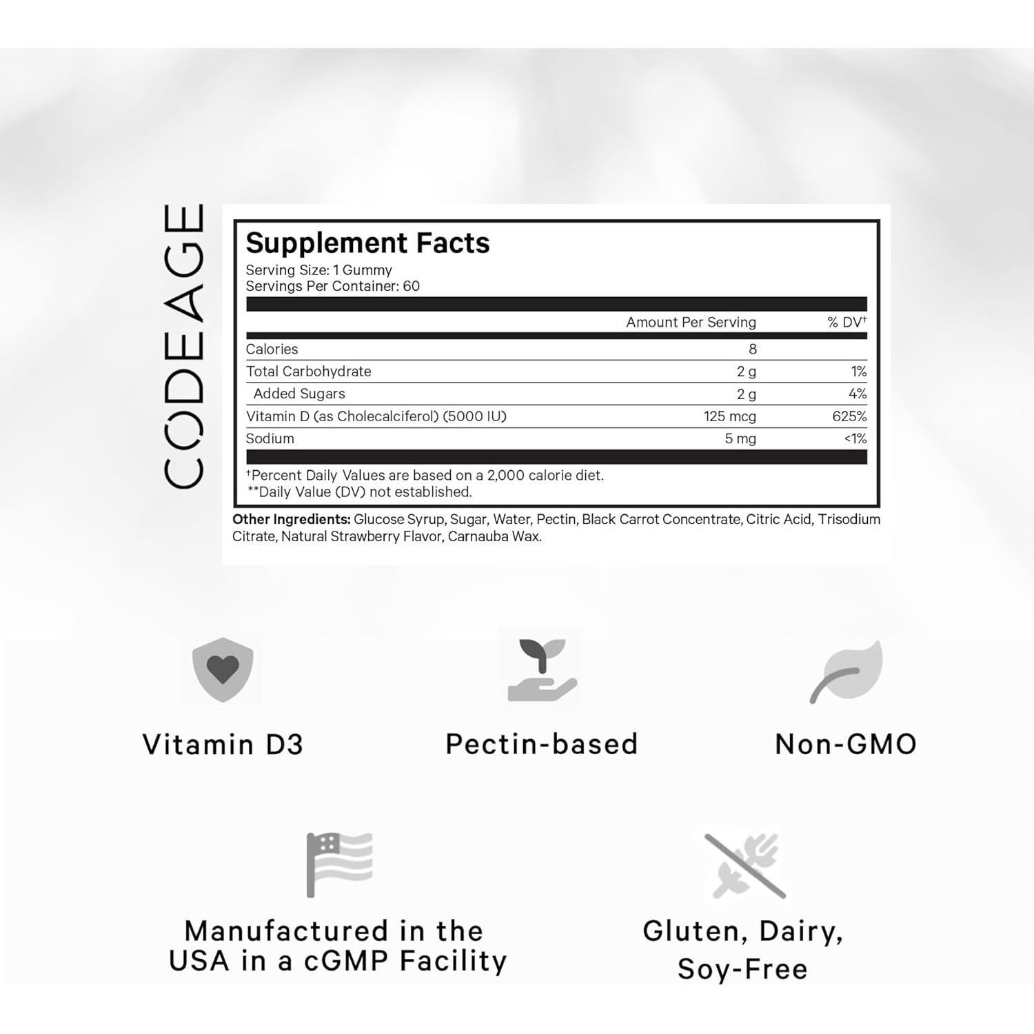 Vitaminas Gummy D3 Codeage 5000 IU 125 mcg Sabor Fresa - 2 Botellas