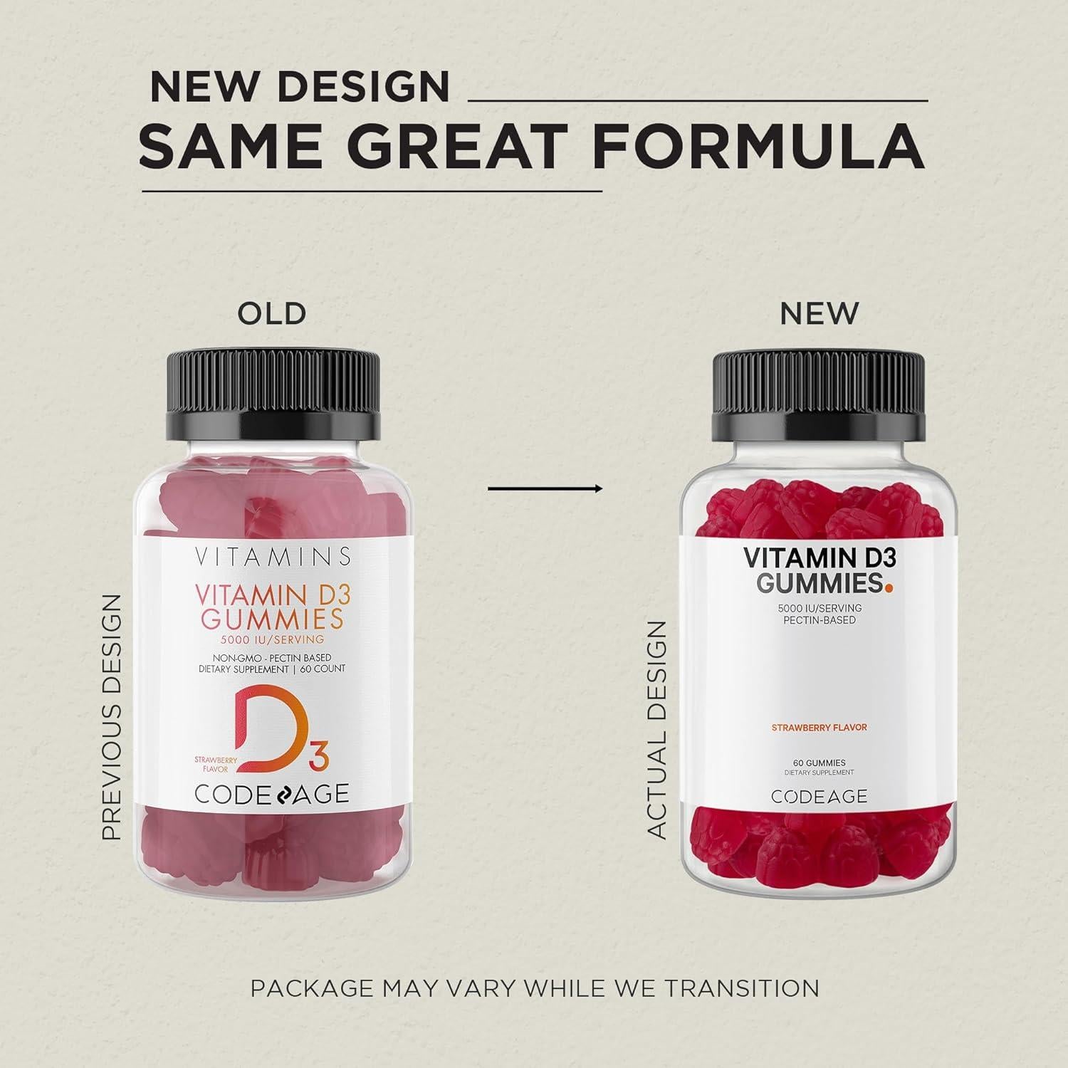 Vitaminas Gummy D3 Codeage 5000 IU 125 mcg Sabor Fresa - 2 Botellas