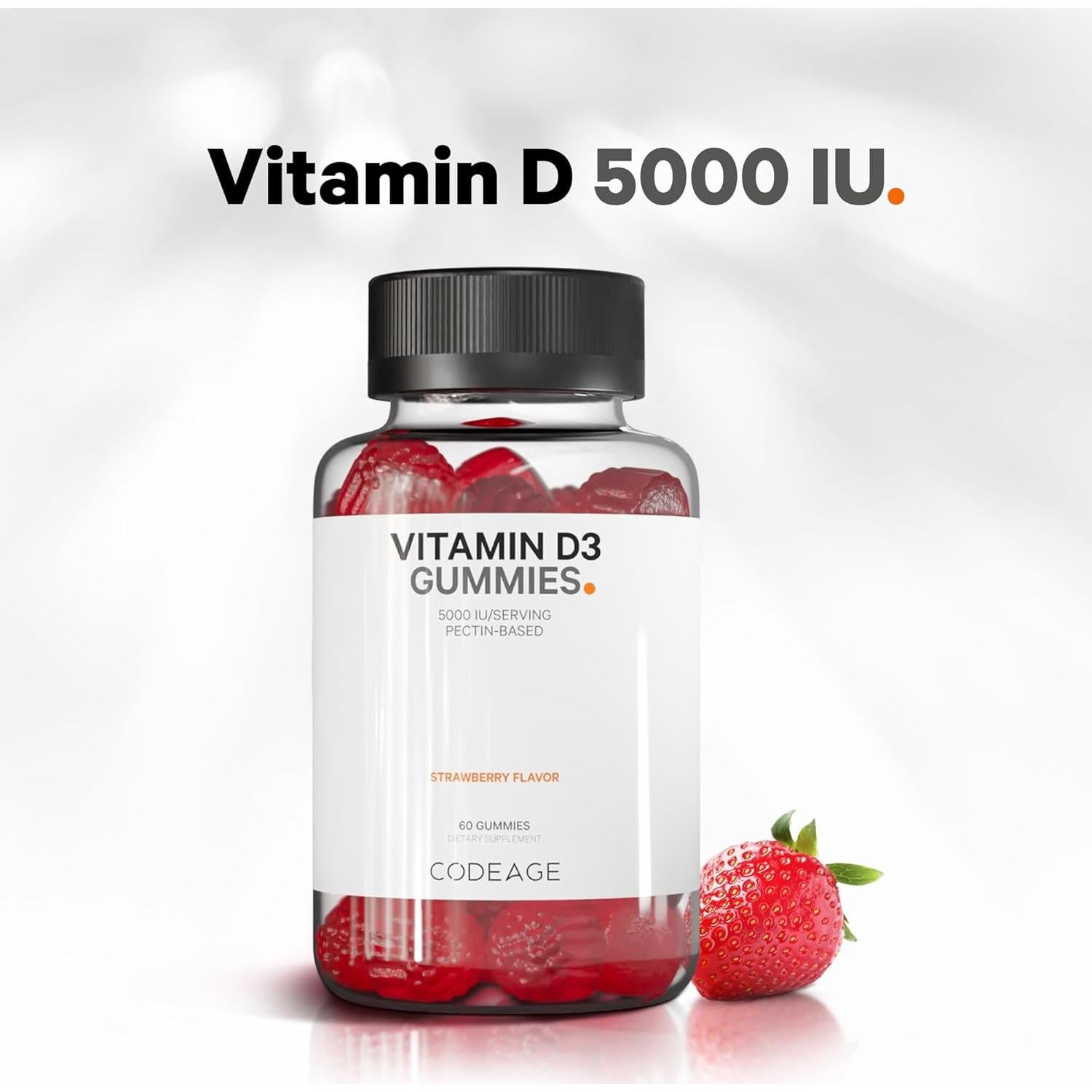 Vitaminas Gummy D3 Codeage 5000 IU 125 mcg Sabor Fresa - 2 Botellas