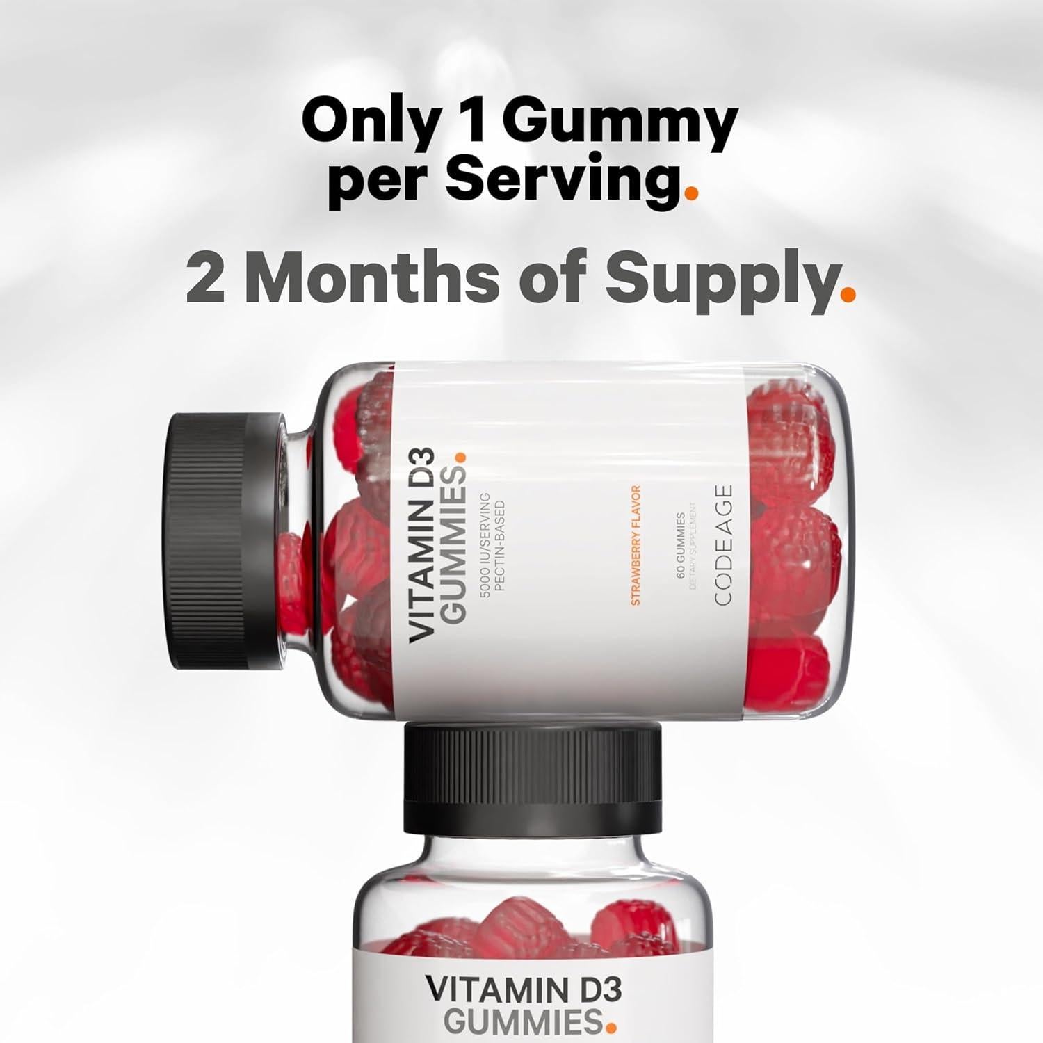 Vitaminas Gummy D3 Codeage 5000 IU 125 mcg Sabor Fresa - 2 Botellas